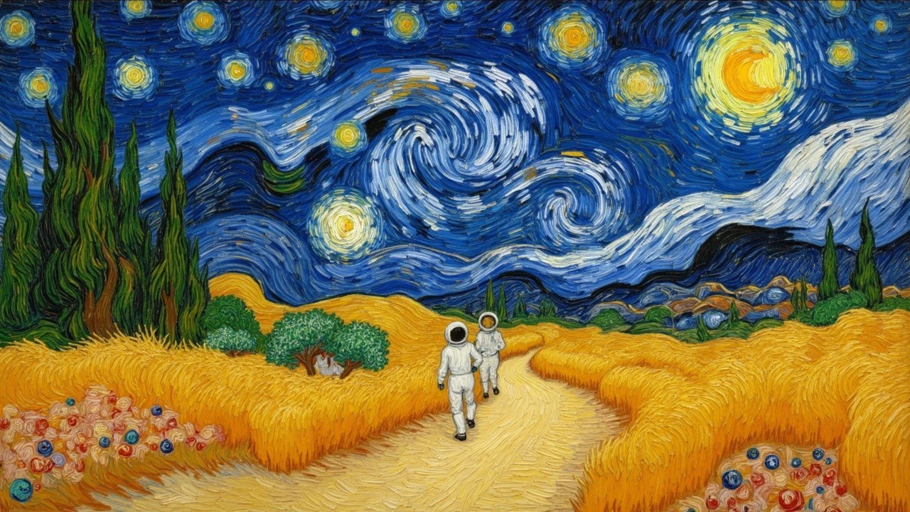 Astronauts in Wheat Fields Under Starry Night Sky