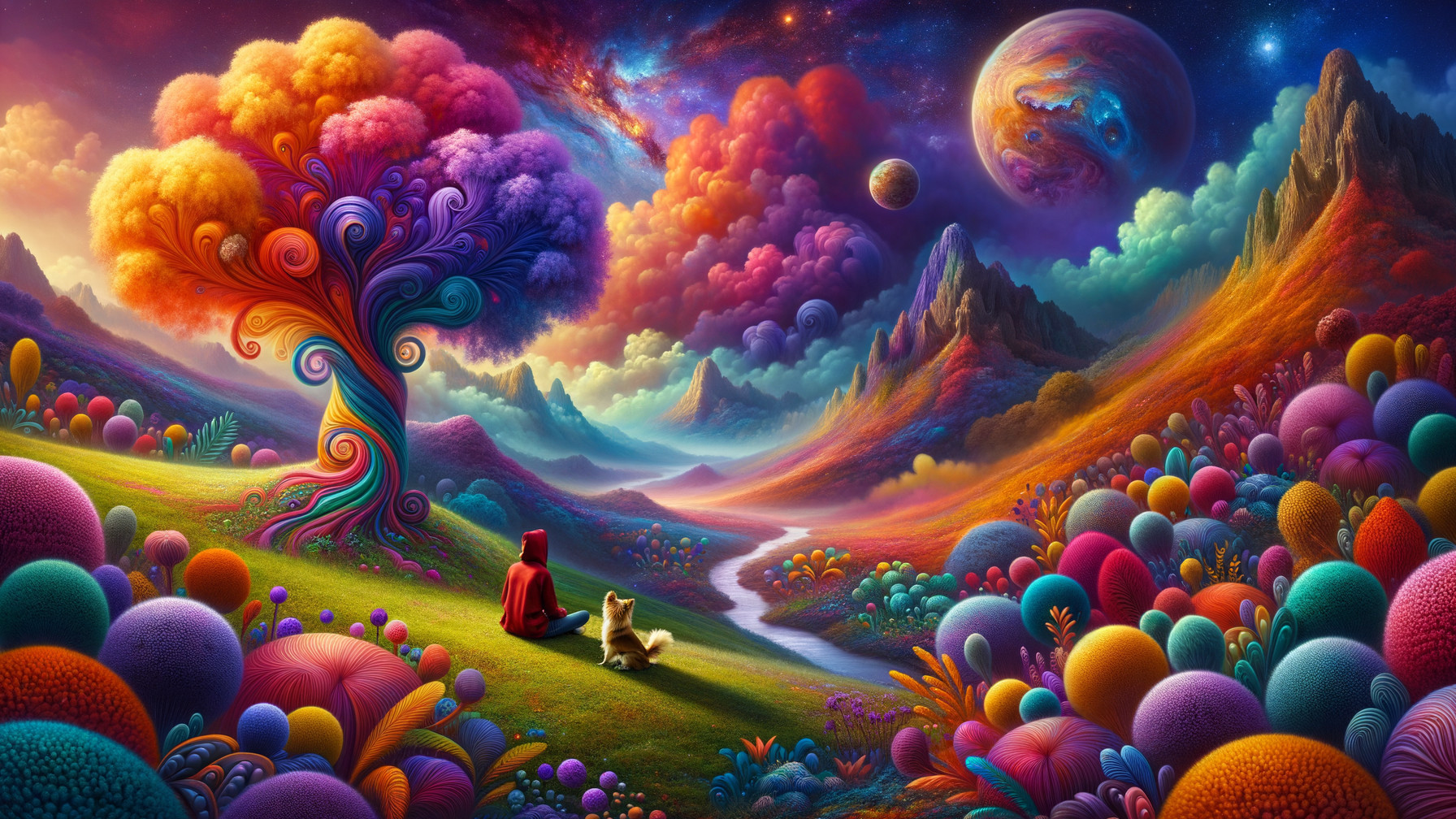 Surreal Landscape with Colorful Tree and Starry Sky