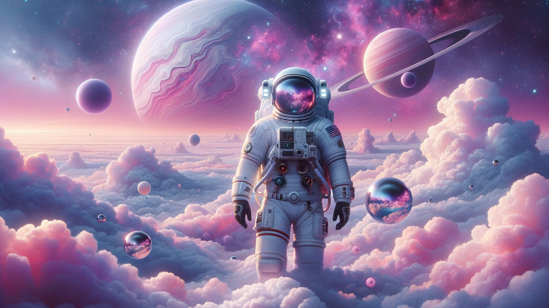 Astronaut on Pink Clouds in Cosmic Landscape