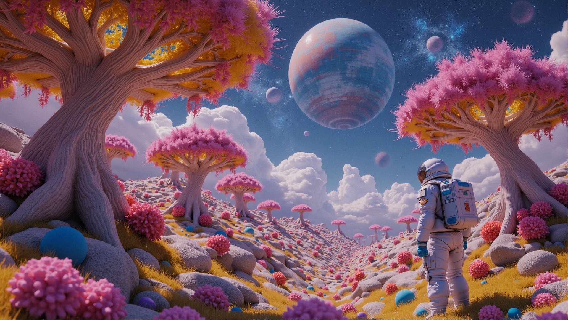 Surreal Landscape with Astronaut and Pink Trees