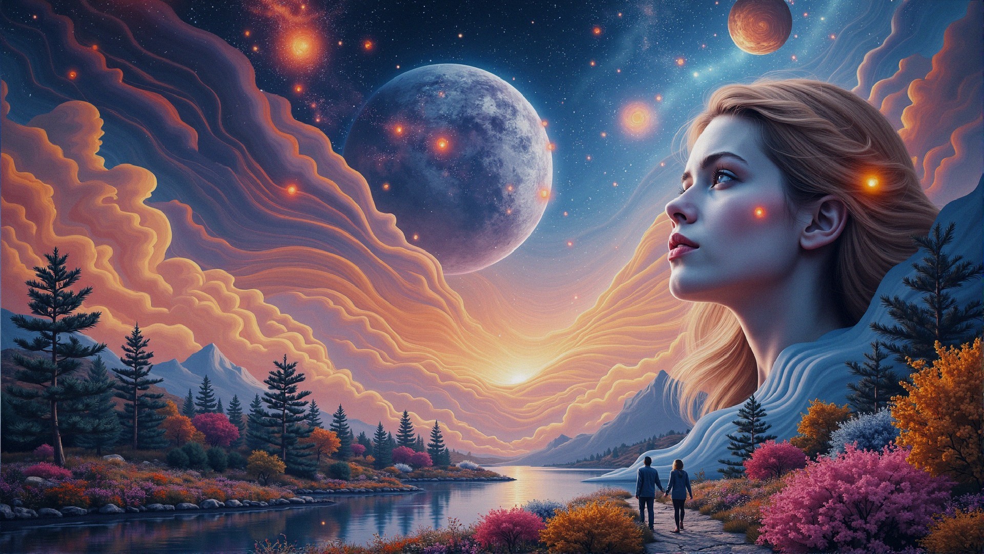 Surreal Landscape with River, Flowers, and Cosmic Scene