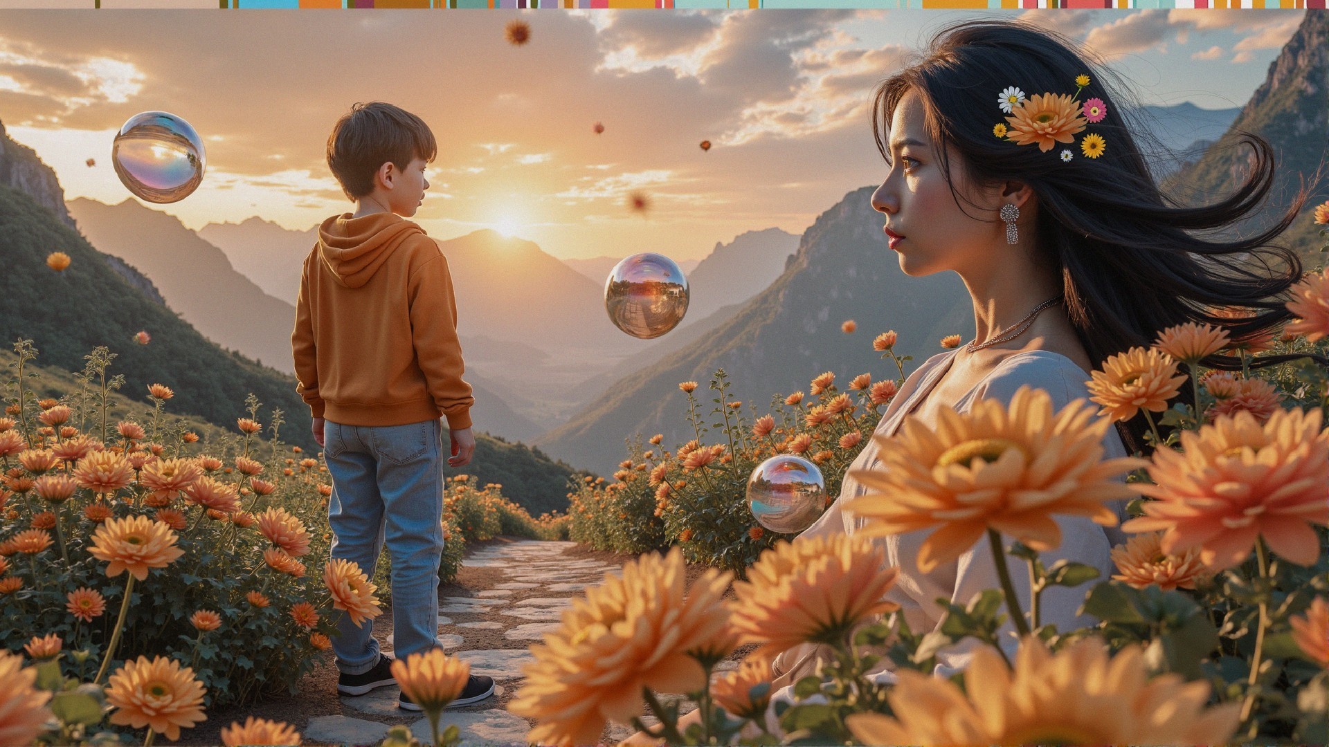 Boy and woman at sunset in a flower-filled landscape