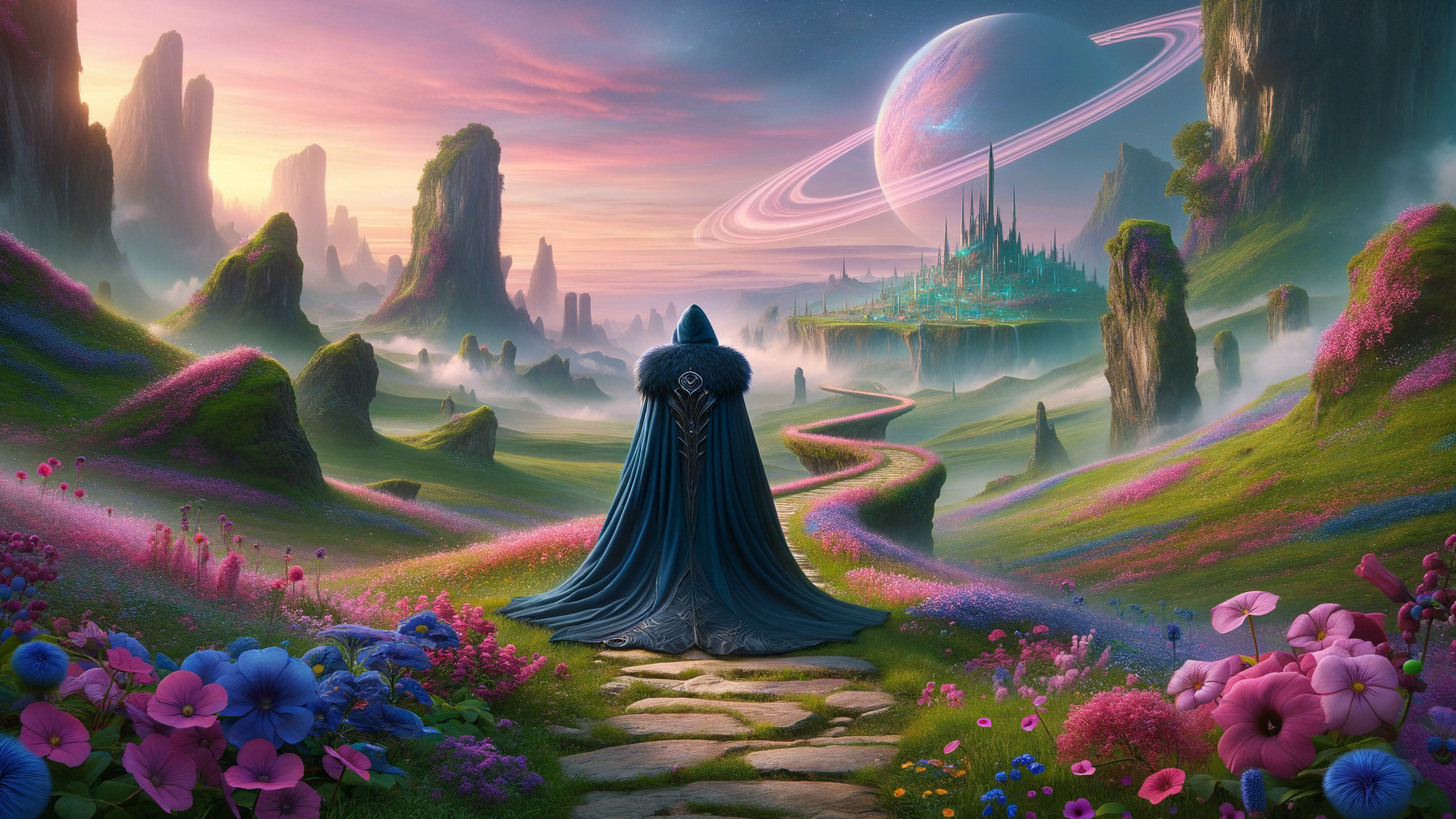 Hooded Figure on Stone Path Overlooking Fantasy Landscape