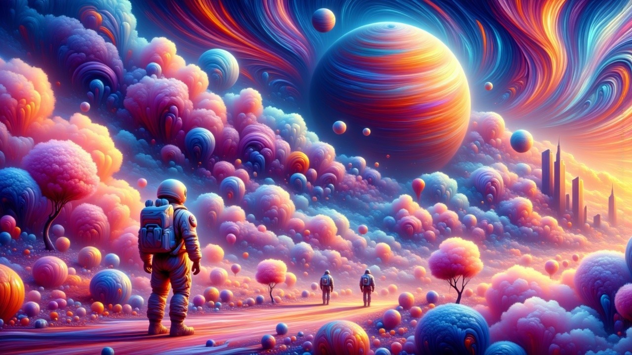 Astronaut in Surreal Landscape with Cosmic Elements