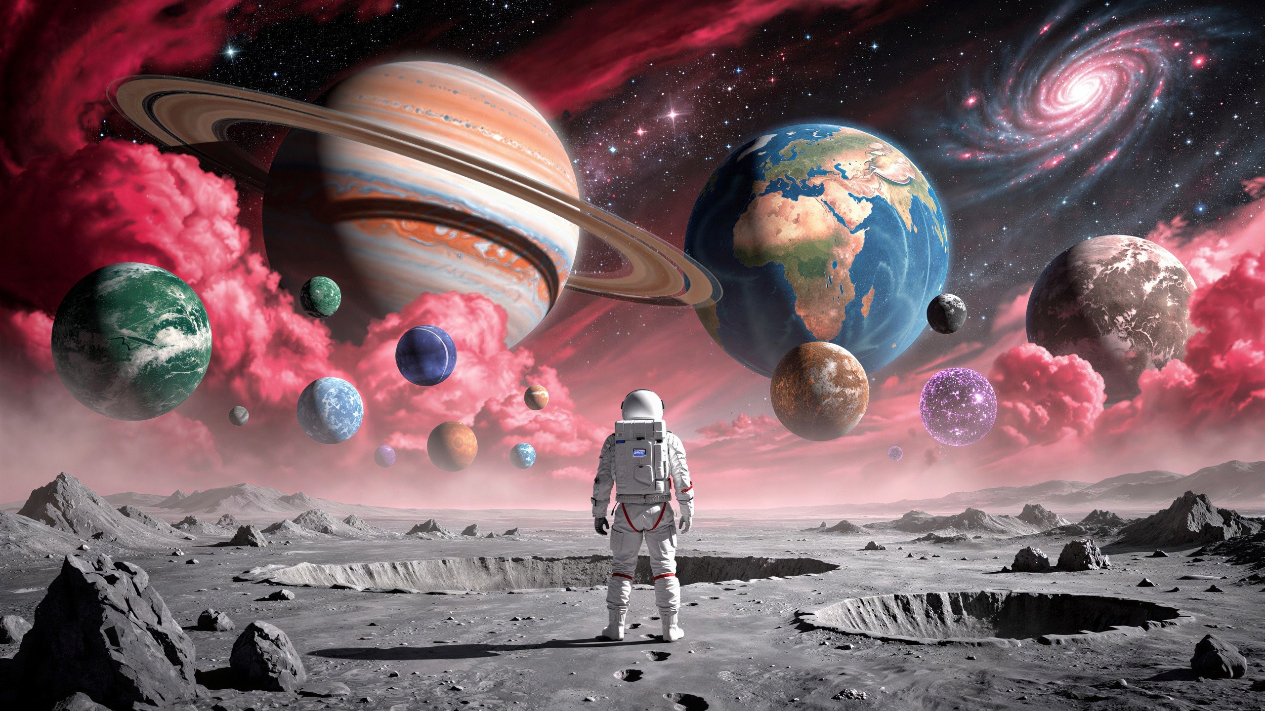 Astronaut Observes Cosmic Landscape with Gas Giant and Earth