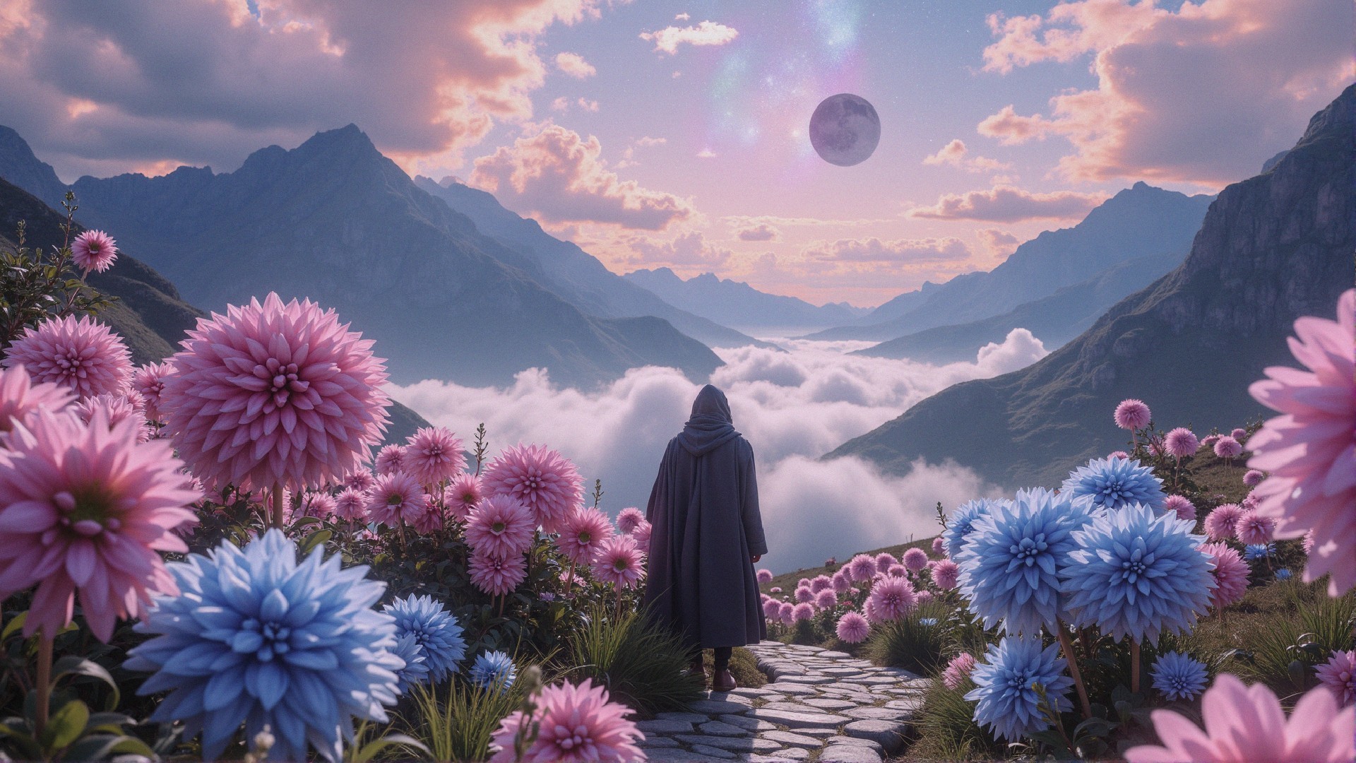 Cloaked Figure on Winding Path Among Giant Flowers