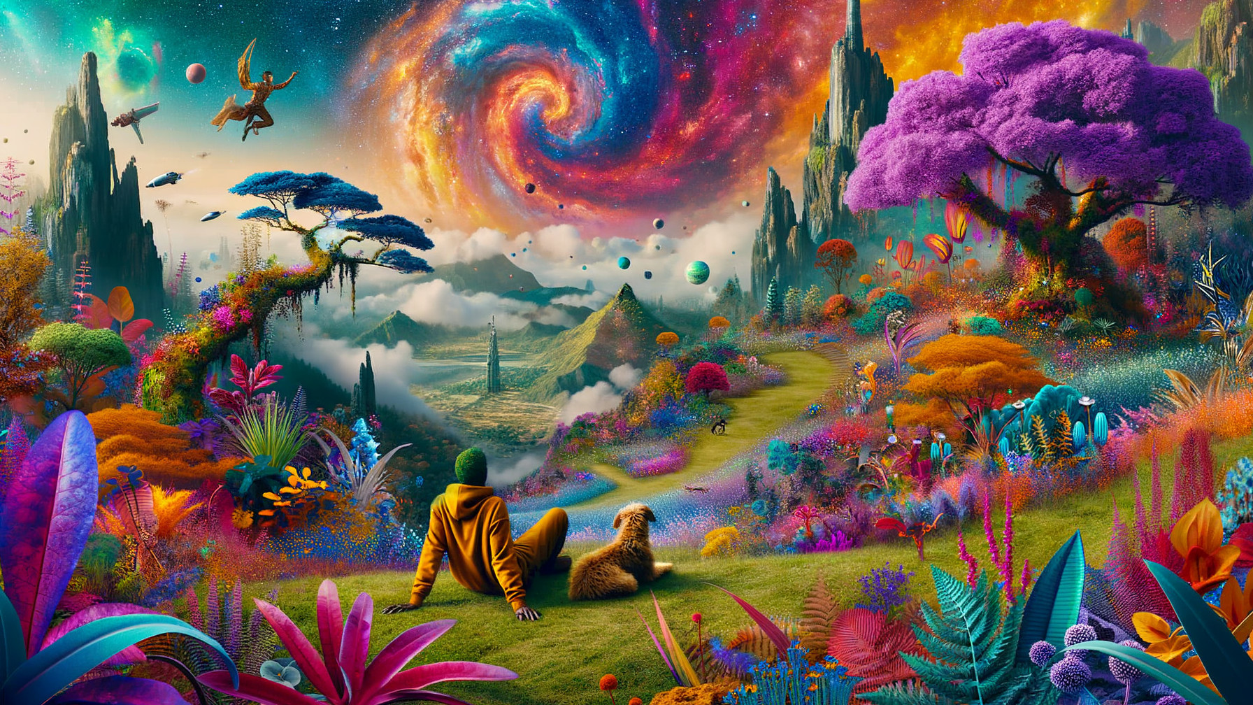 Surreal Landscape with Colorful Flora and Galaxy View