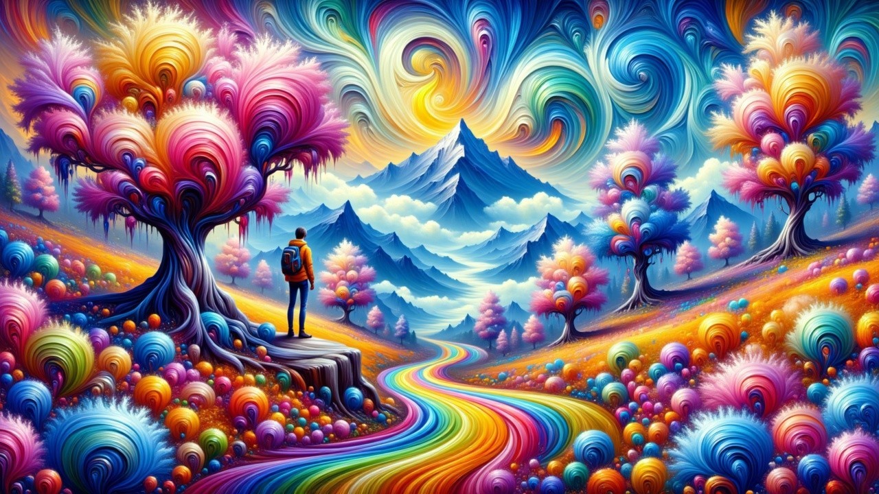 Surreal Landscape with Colorful Mountains and Trees