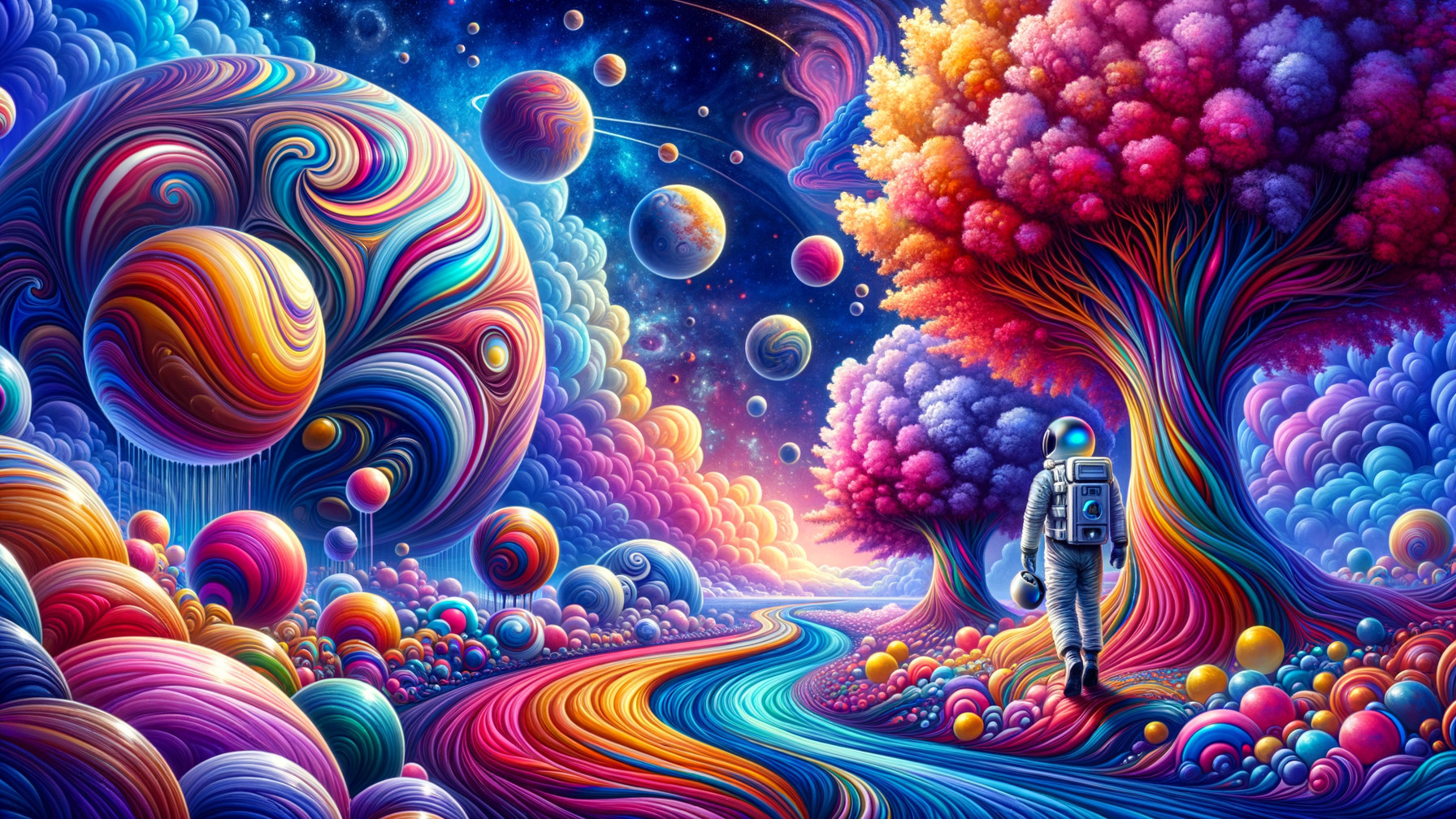 Surreal Landscape with Astronaut and Colorful Cosmos
