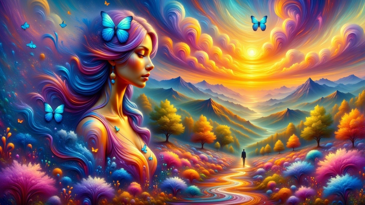 Dreamy Landscape with Serene Woman and Colorful Sky
