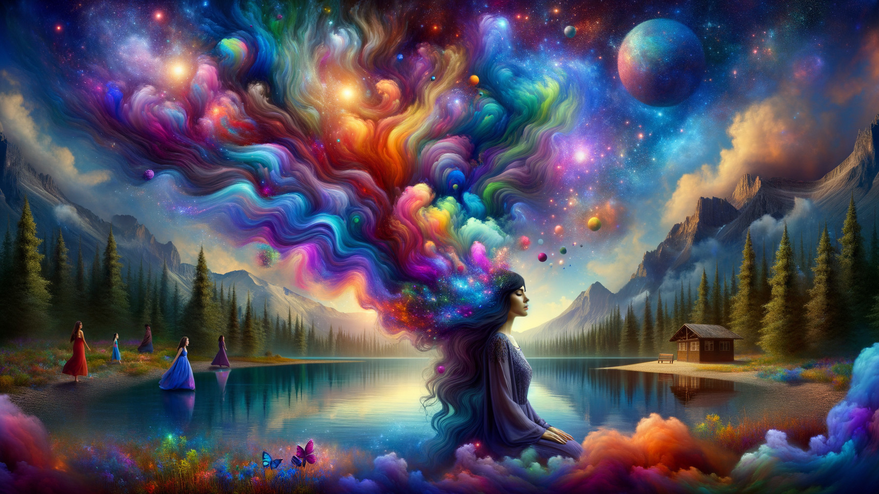 Serene Figure by Tranquil Lake with Cosmic Imagery