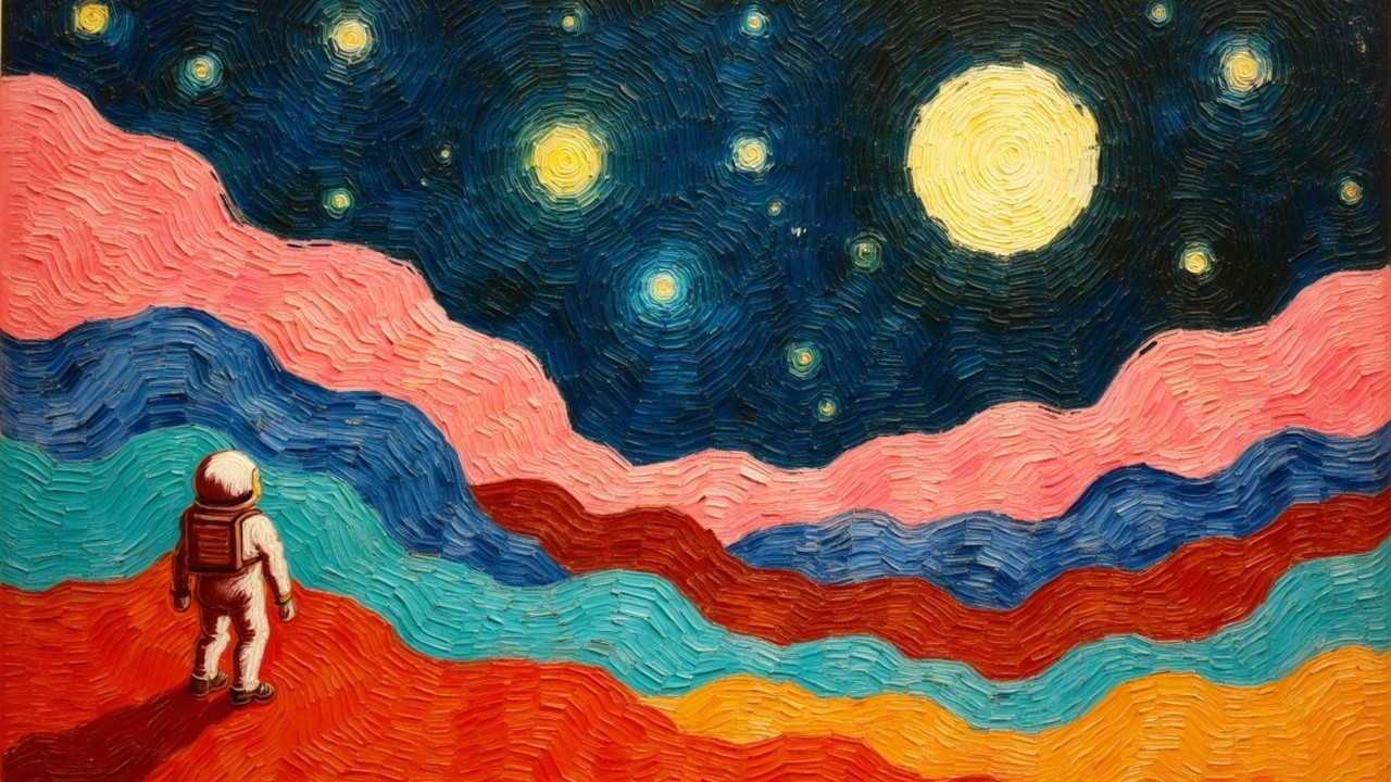 Astronaut on Abstract Landscape Under Starry Sky