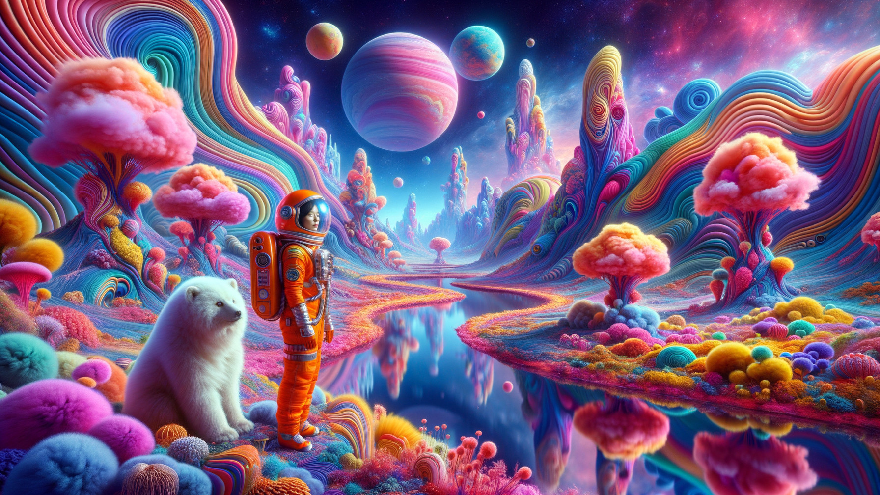Astronaut and Bear in Vibrant Otherworldly Landscape