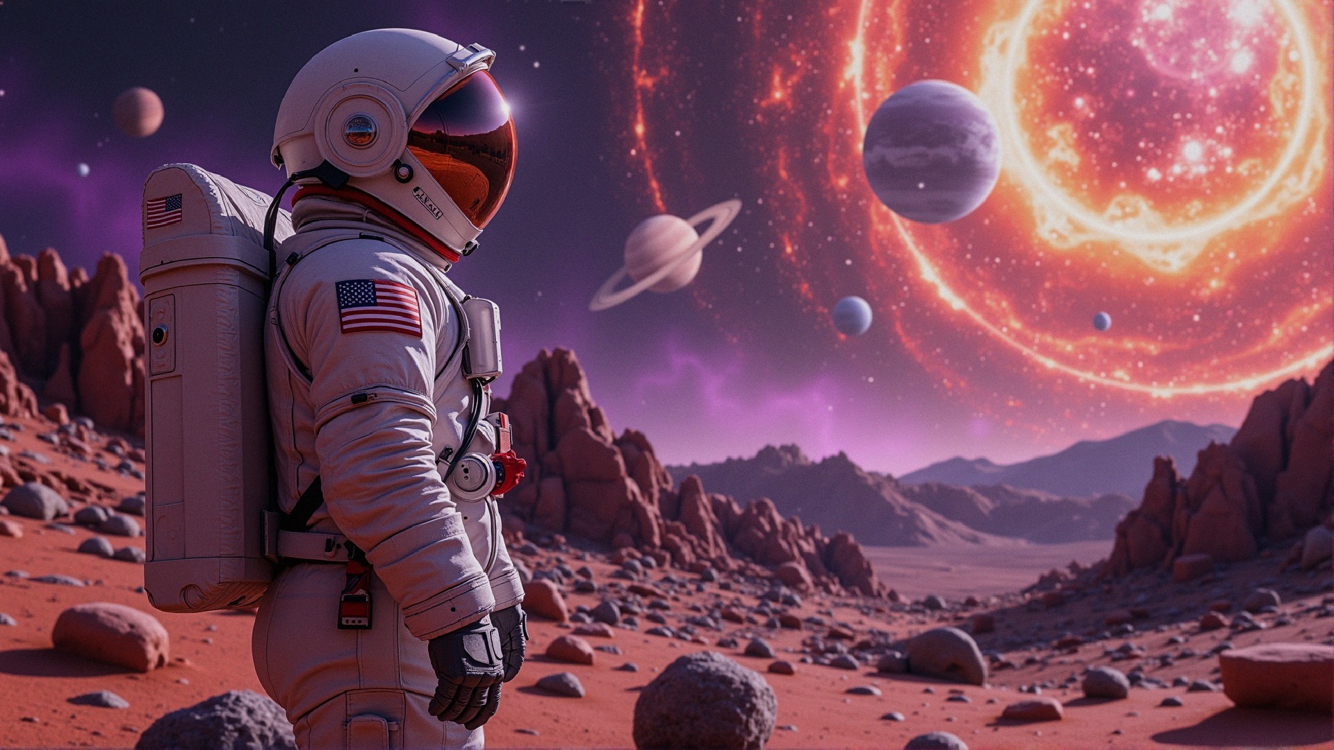 Astronaut in Spacesuit on Alien Planet with Nebula