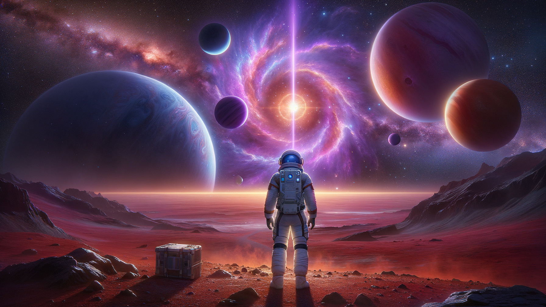 Astronaut on Alien Planet with Cosmic Galaxy View