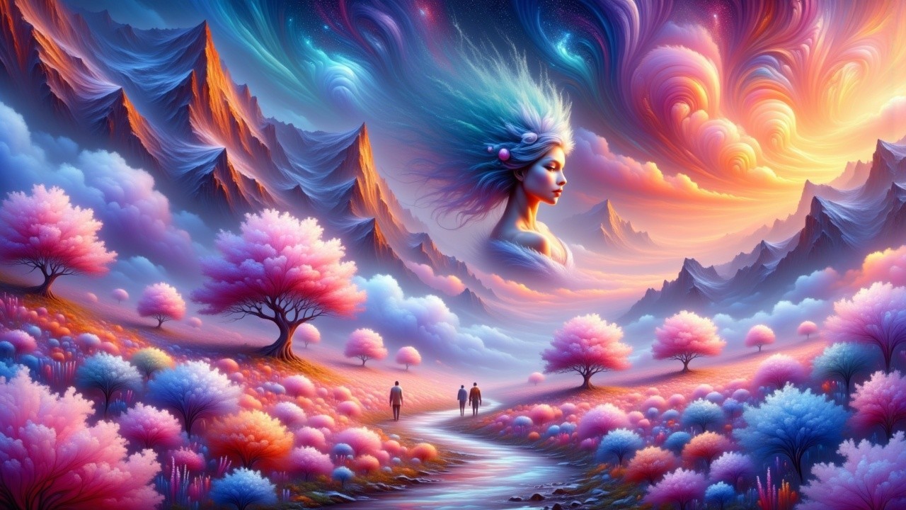 Surreal Landscape with Vibrant Trees and Majestic Mountains