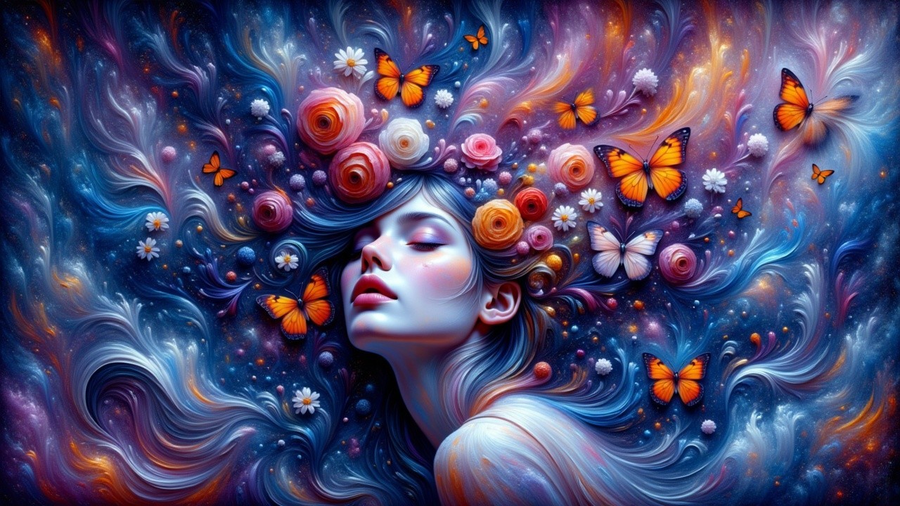 Vibrant Digital Painting of Serene Woman in Nature