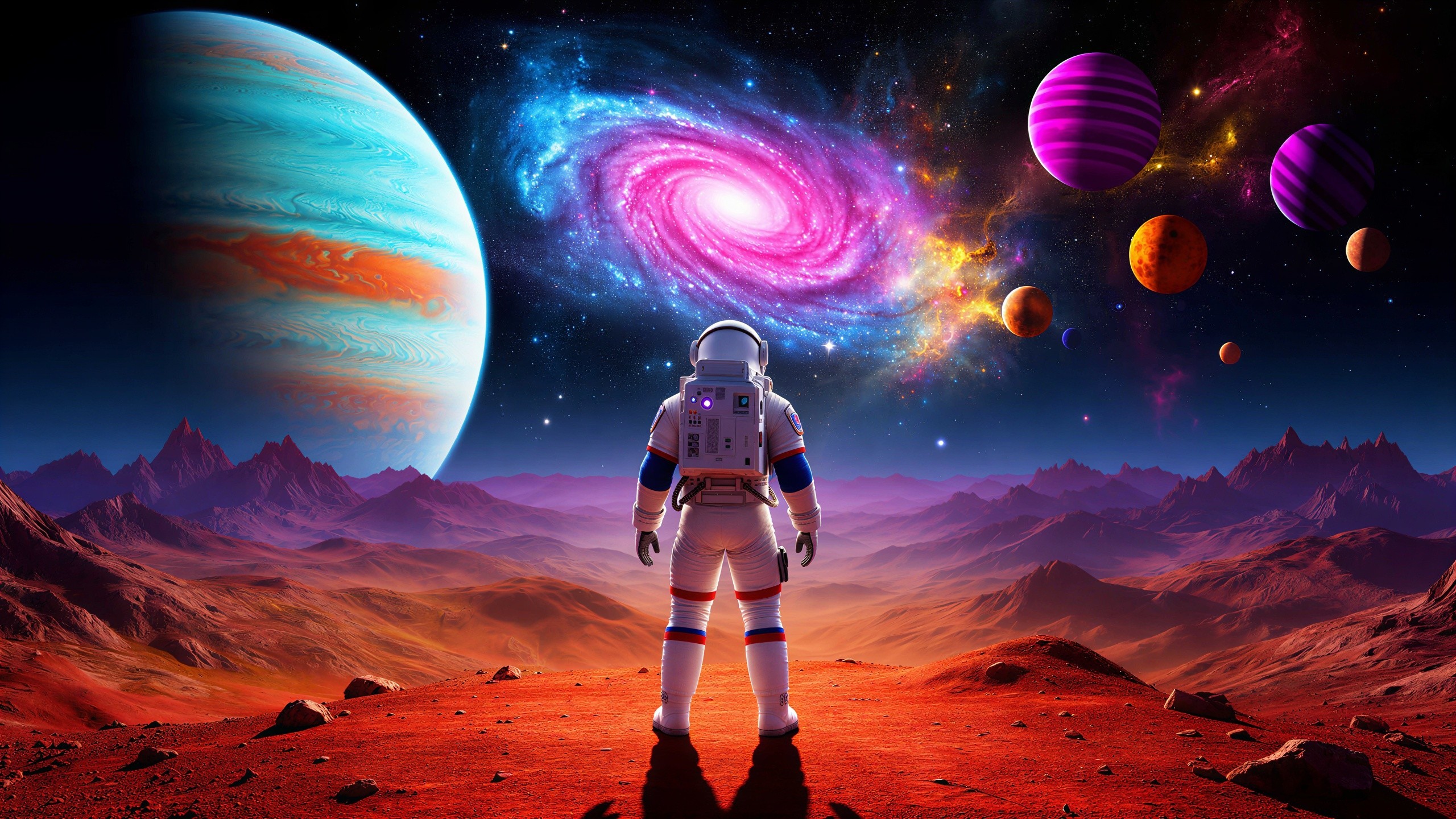 Astronaut on Red Planet with Colorful Cosmic Background