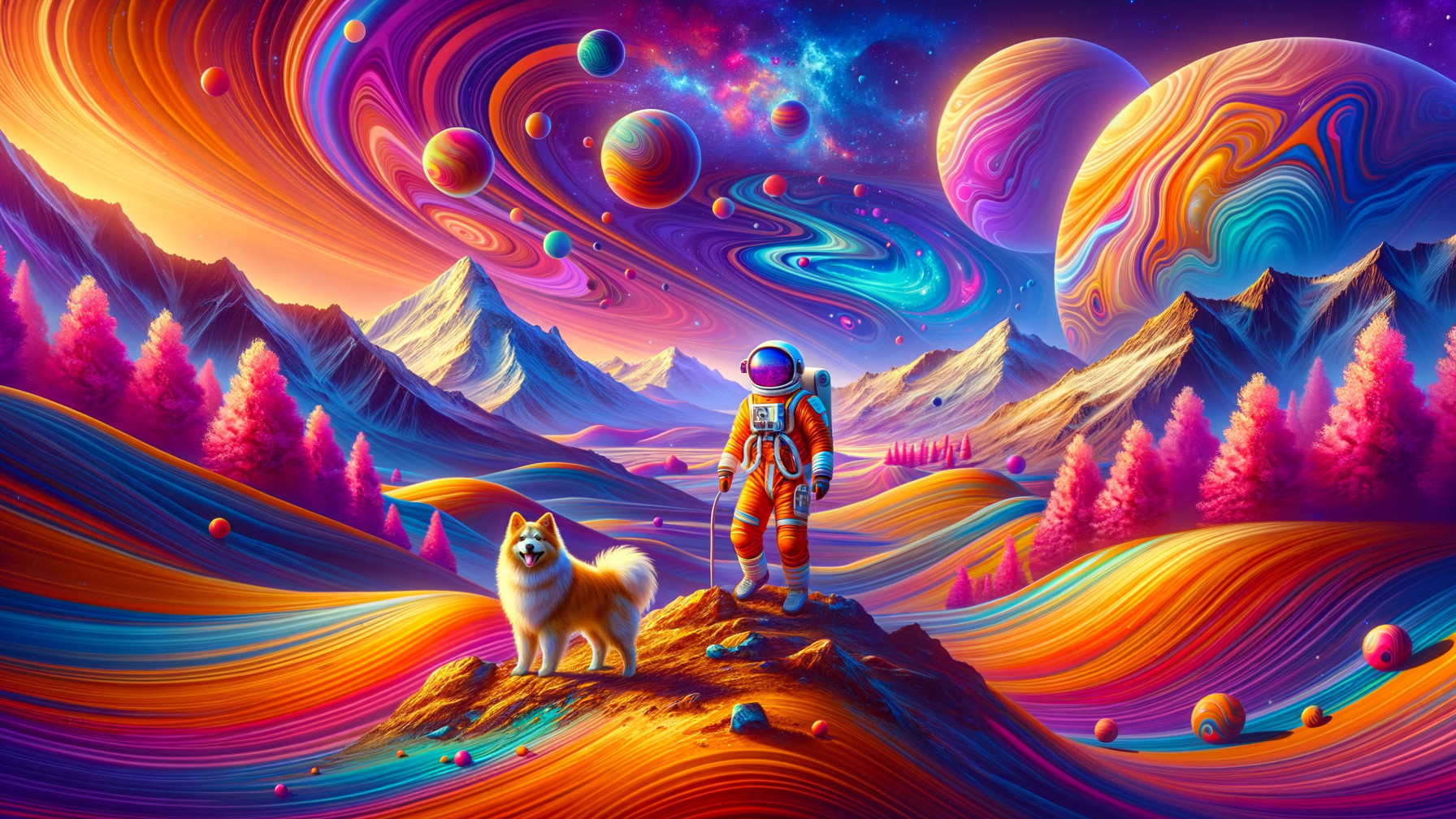 Surreal Landscape with Astronaut and Dog Among Planets
