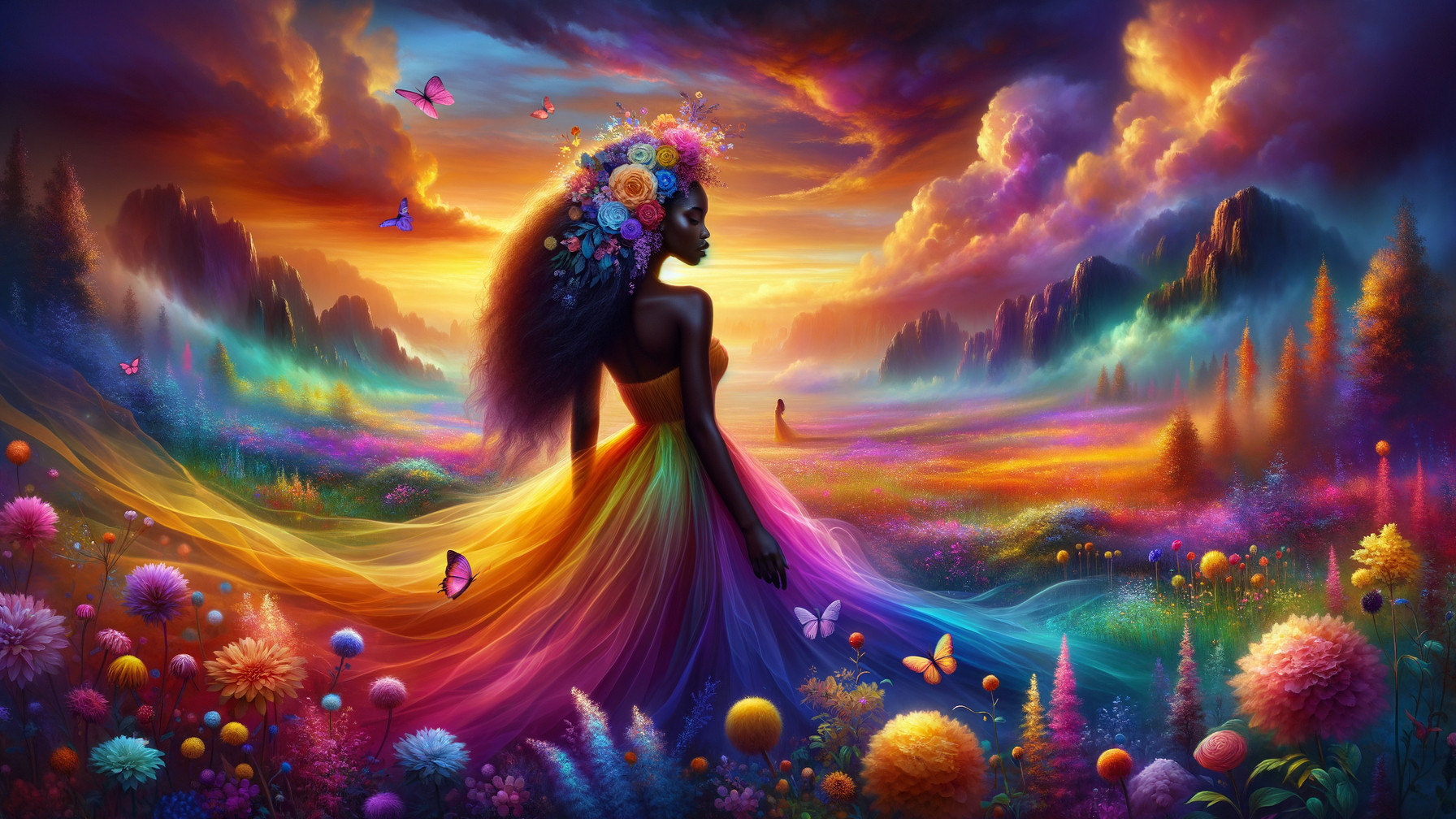 Silhouette of a Woman in a Colorful Floral Landscape