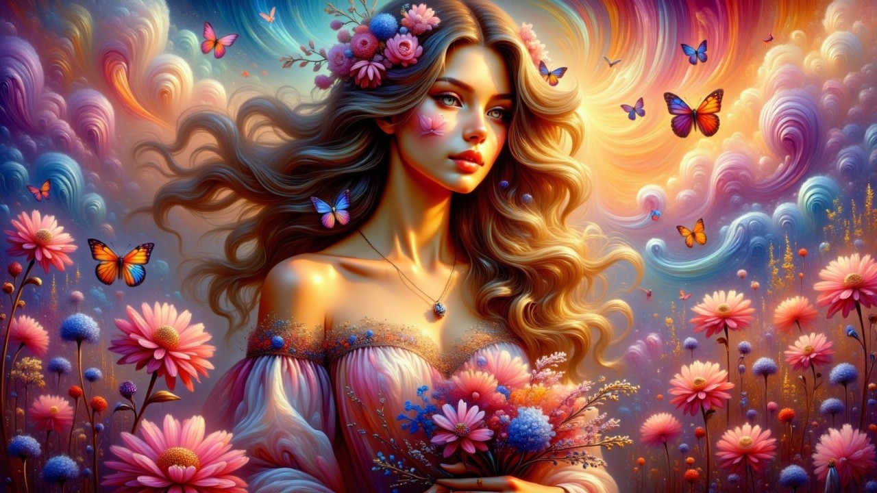 Portrait of a young woman with flowers and butterflies