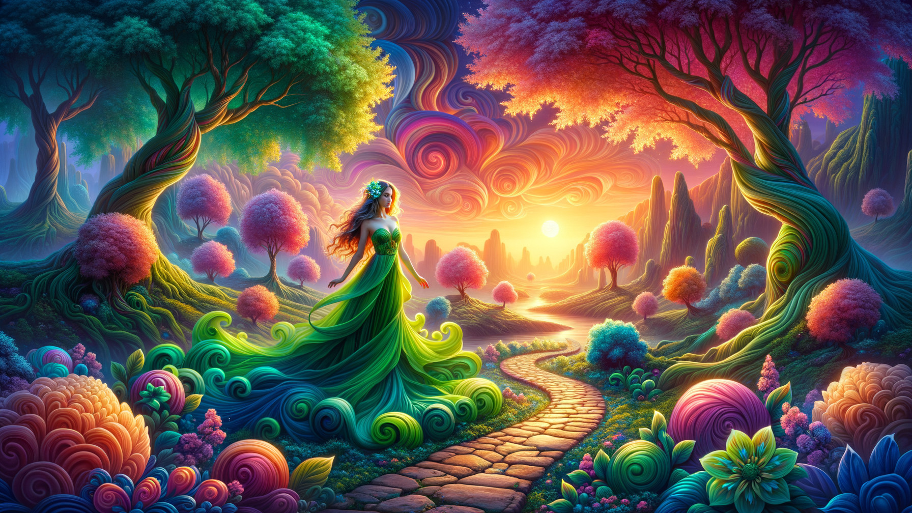 Woman in Green Gown in Vibrant Fantasy Landscape