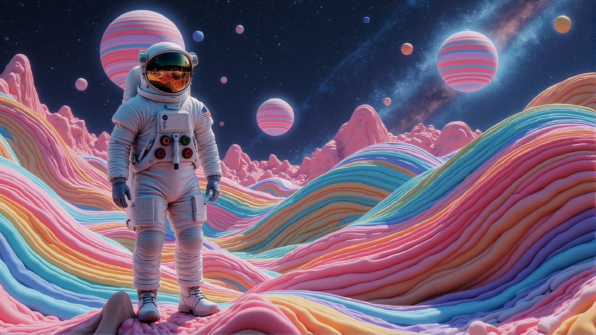 Astronaut in Colorful Alien Landscape with Pastel Planets