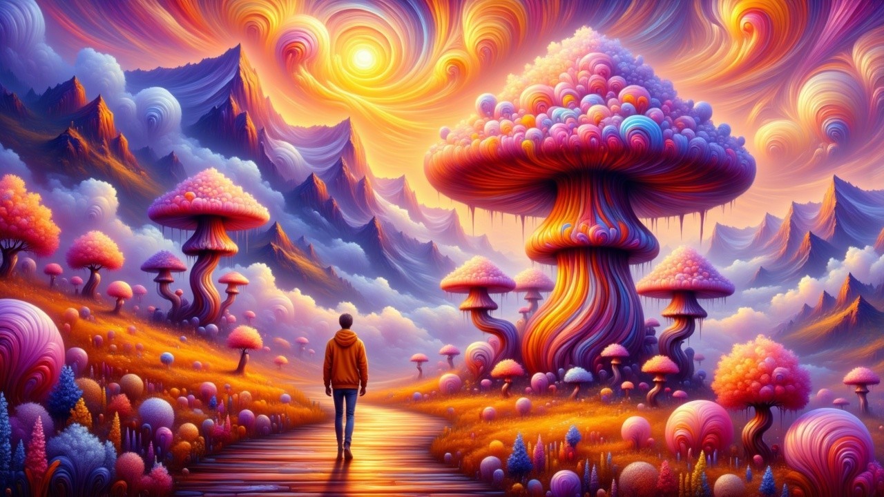 Surreal Landscape with Colorful Mushrooms and Mountains