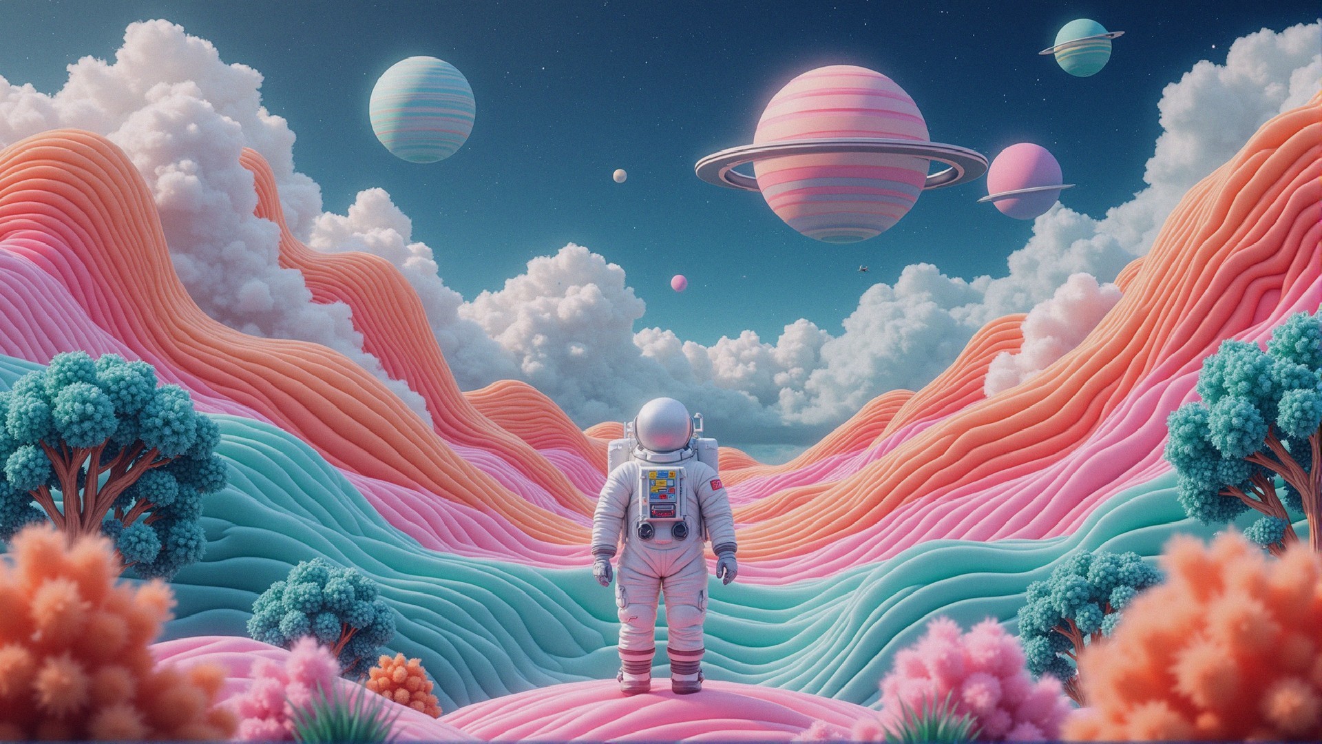 Astronaut in Surreal Landscape with Colorful Sky