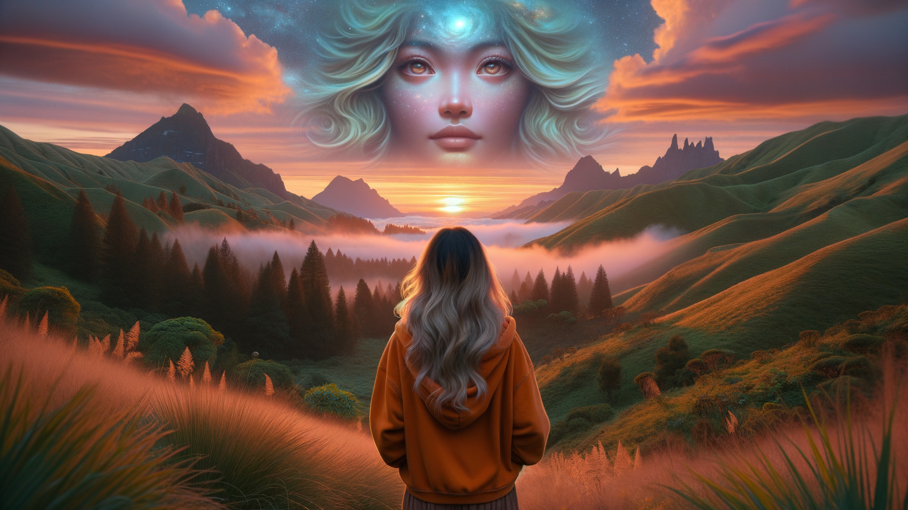 Mystical Sunset Landscape with Ethereal Figure