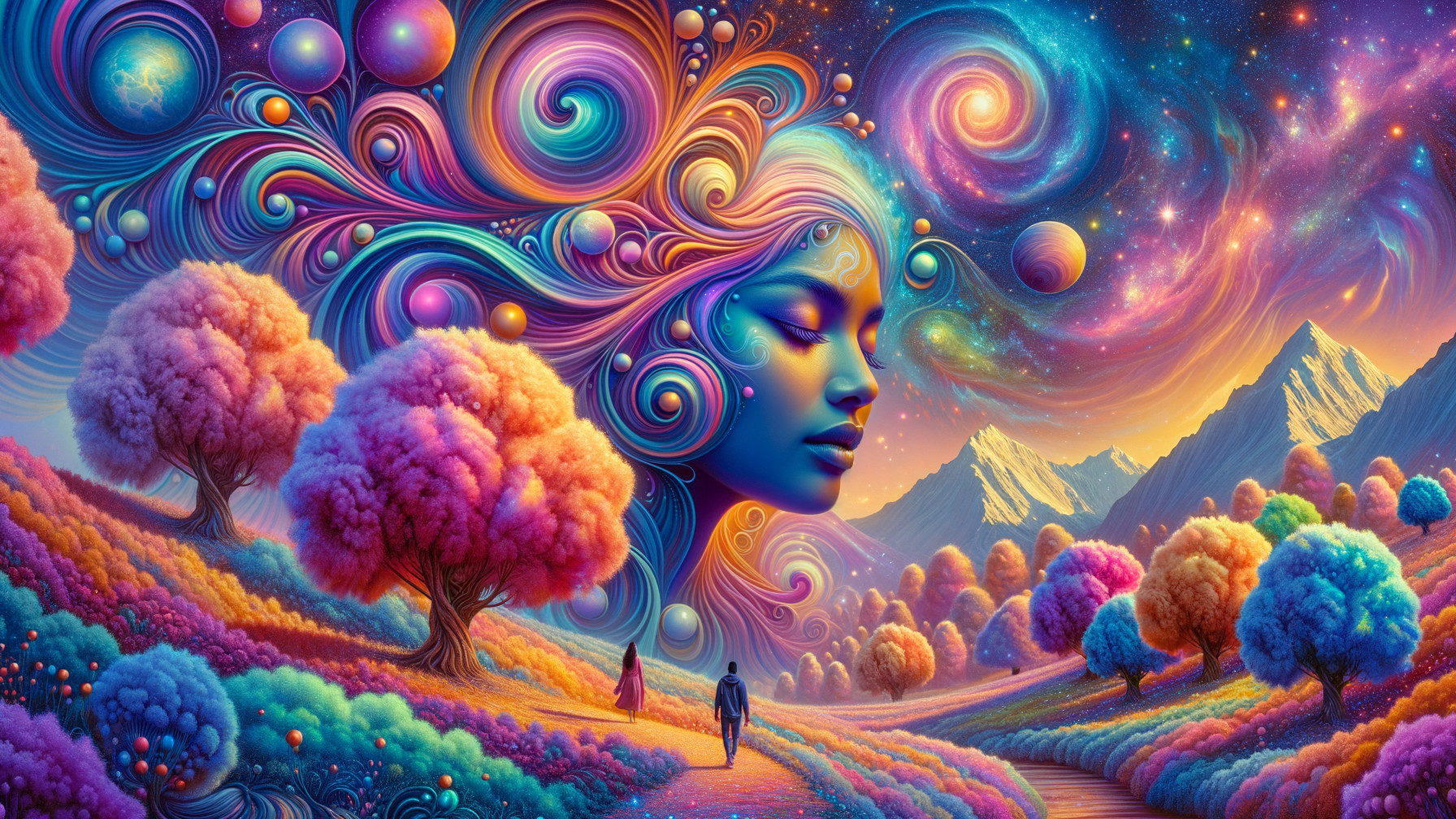 Surreal Landscape with Cosmic Sky and Ethereal Figure