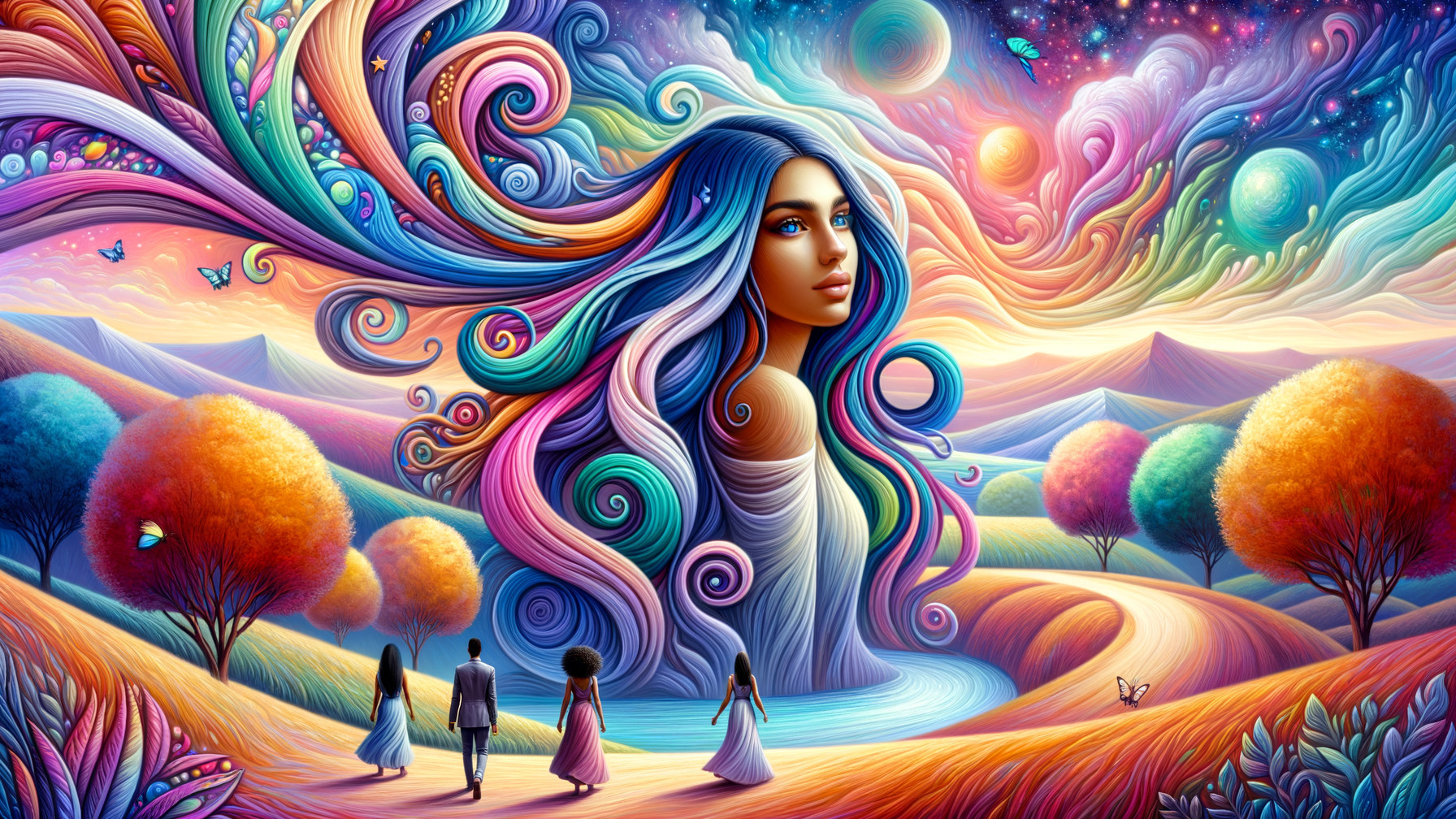 Surreal Landscape with Woman's Face and Flowing Hair