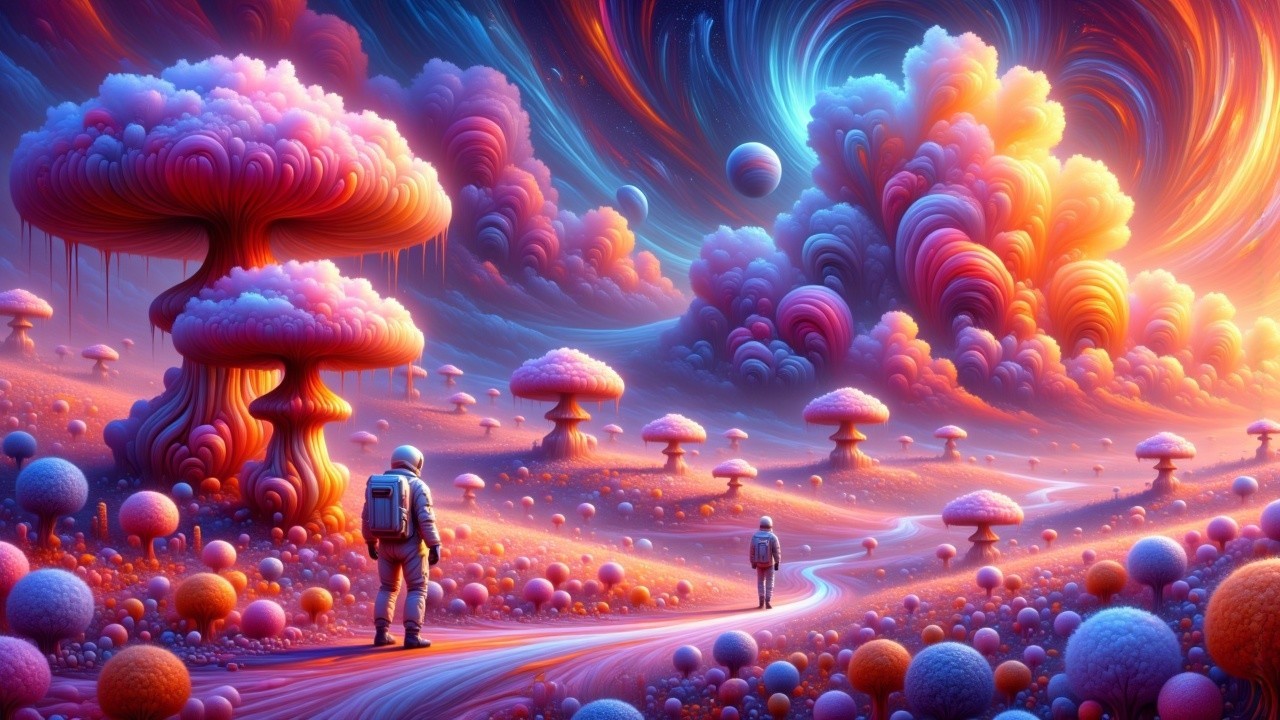 Surreal Alien Landscape with Vibrant Mushrooms and Astronauts