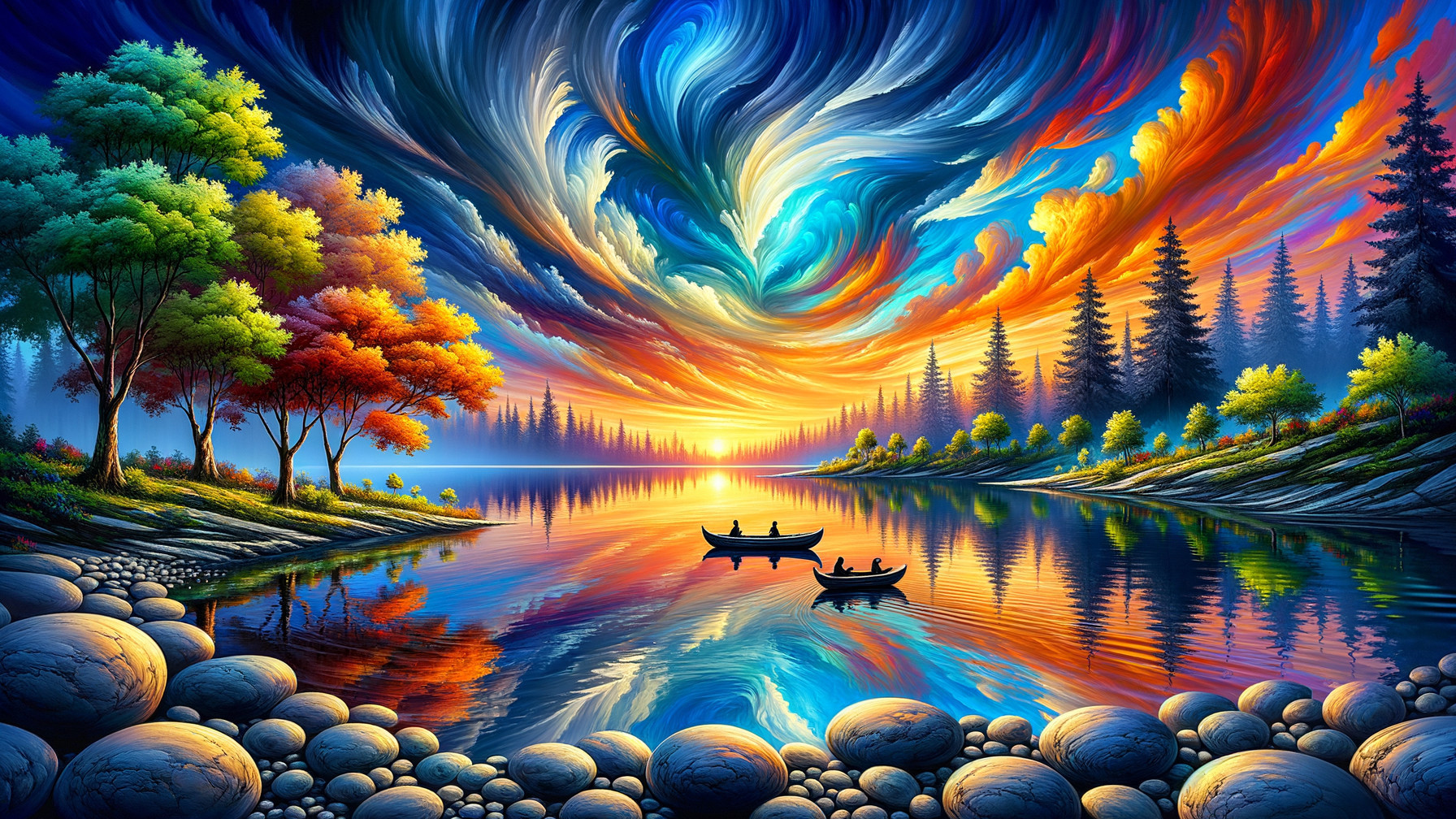 Vibrant Sunset Over a Tranquil Lake with Boats