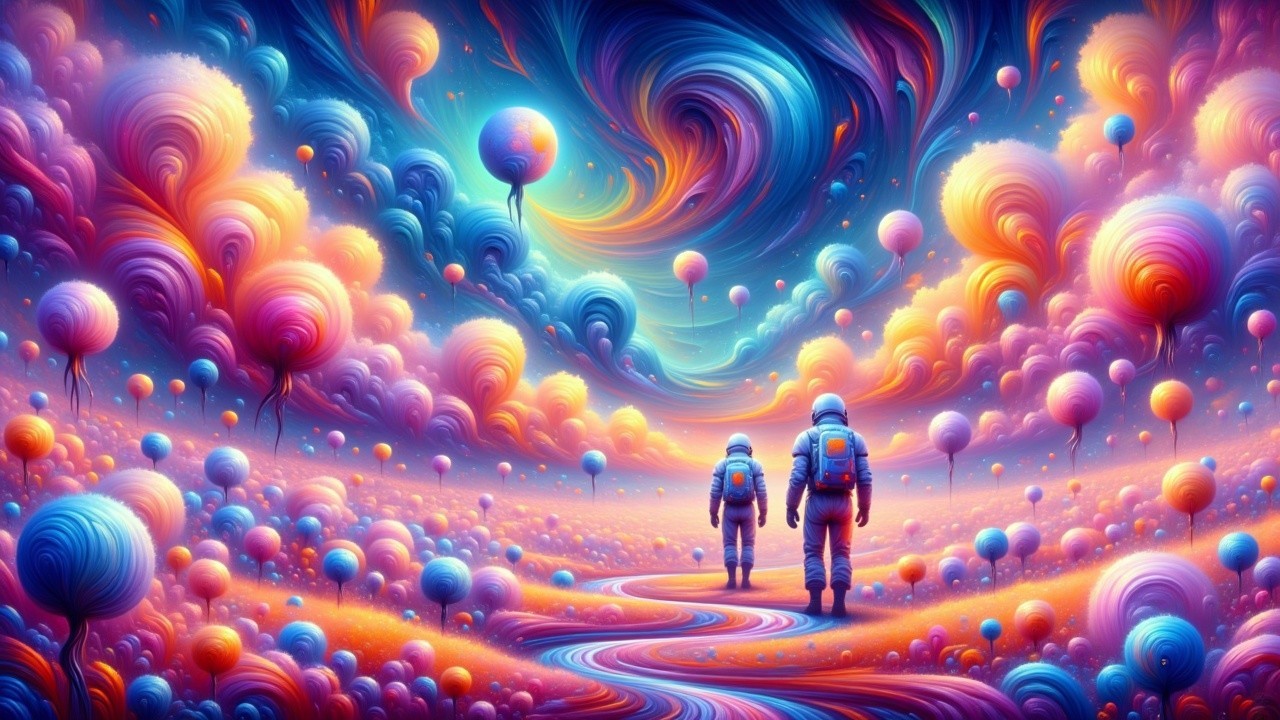 Astronauts in a Surreal Colorful Landscape