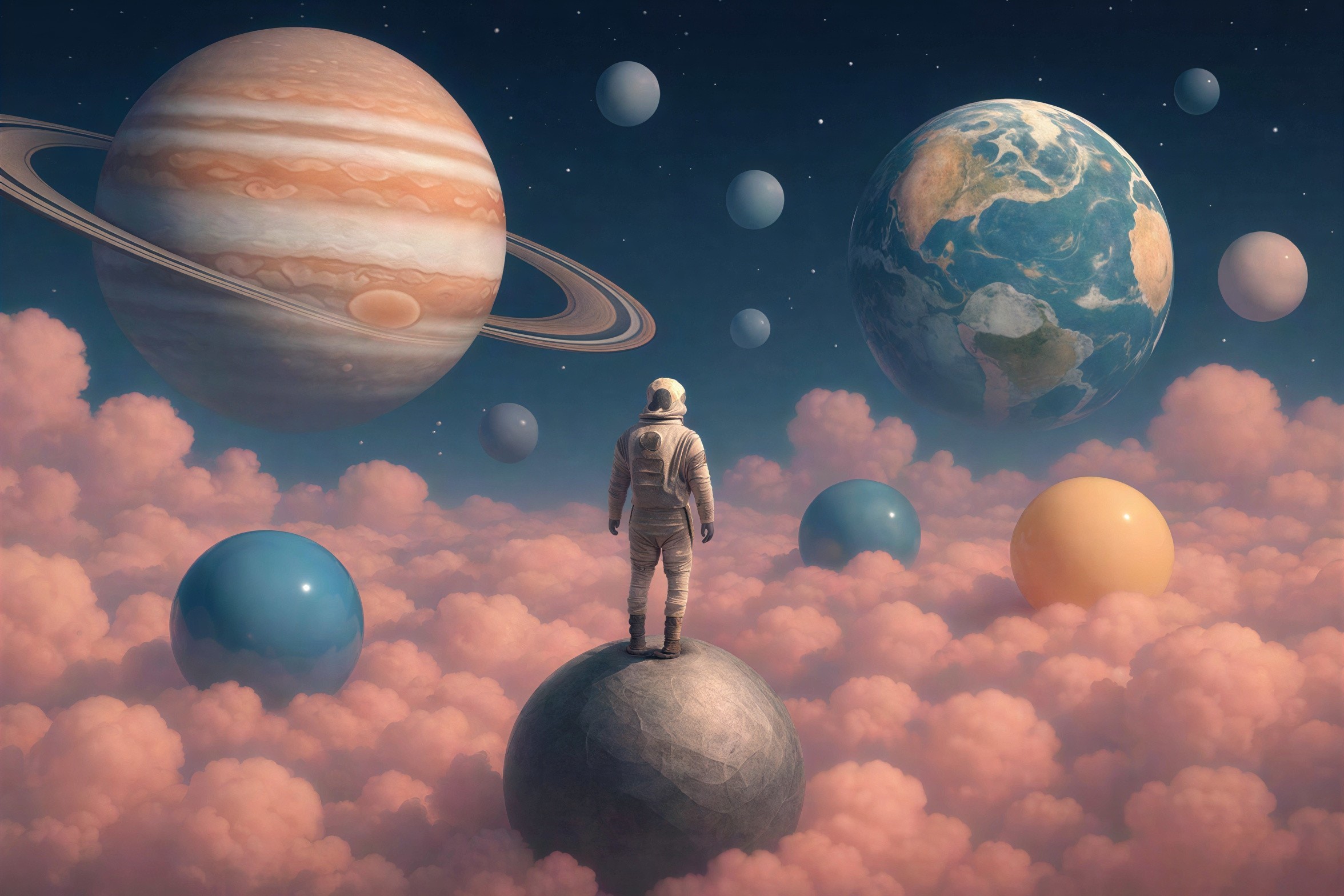 Astronaut on Gray Planet Surrounded by Colorful Clouds