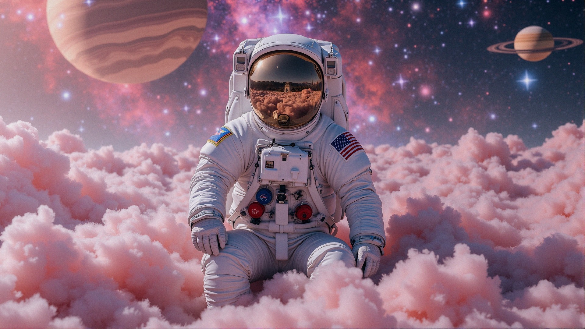 Astronaut in Space Suit Among Pink Clouds and Galaxies