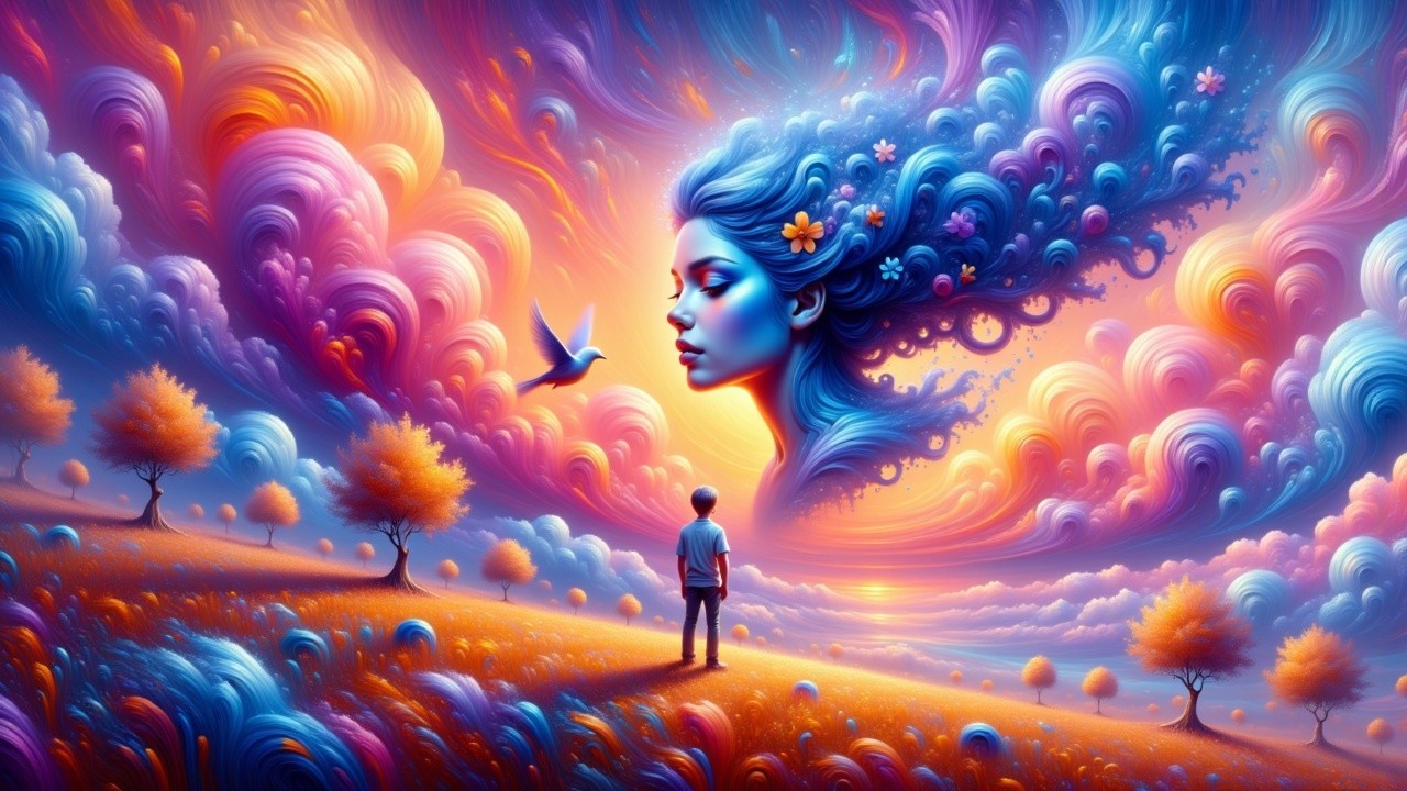 Surreal landscape with vibrant field and cloud face