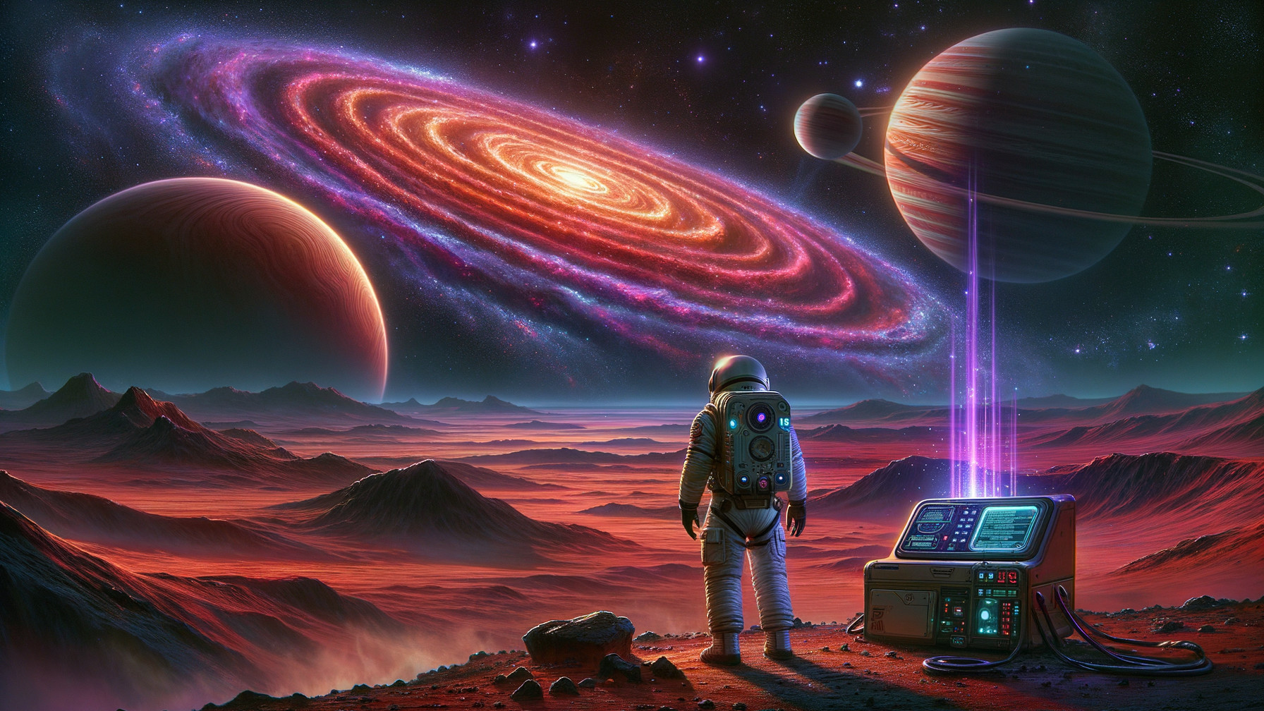 Astronaut on Alien Planet with Cosmic Landscape View