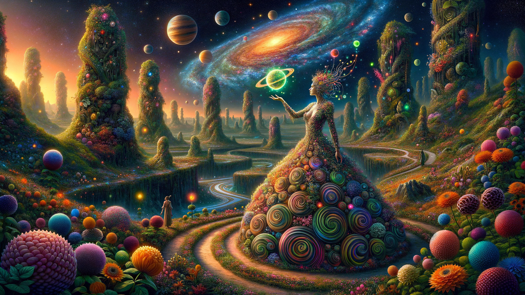 Surreal Landscape with Vibrant Flora and Cosmic Elements