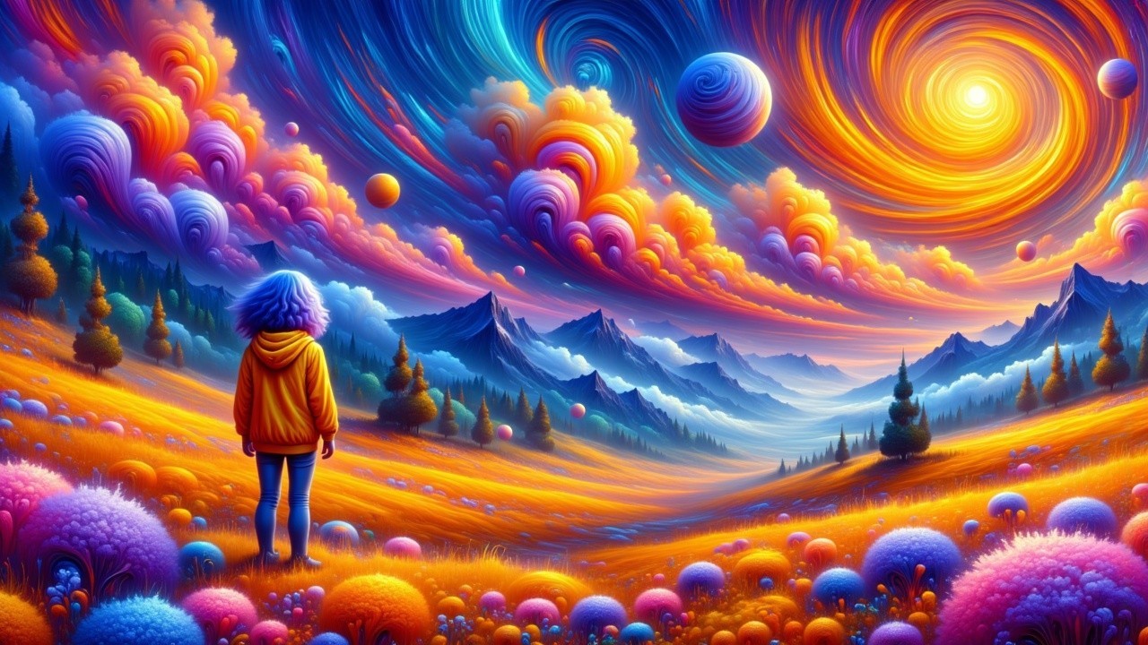 Surreal Landscape with Colorful Clouds and Planets