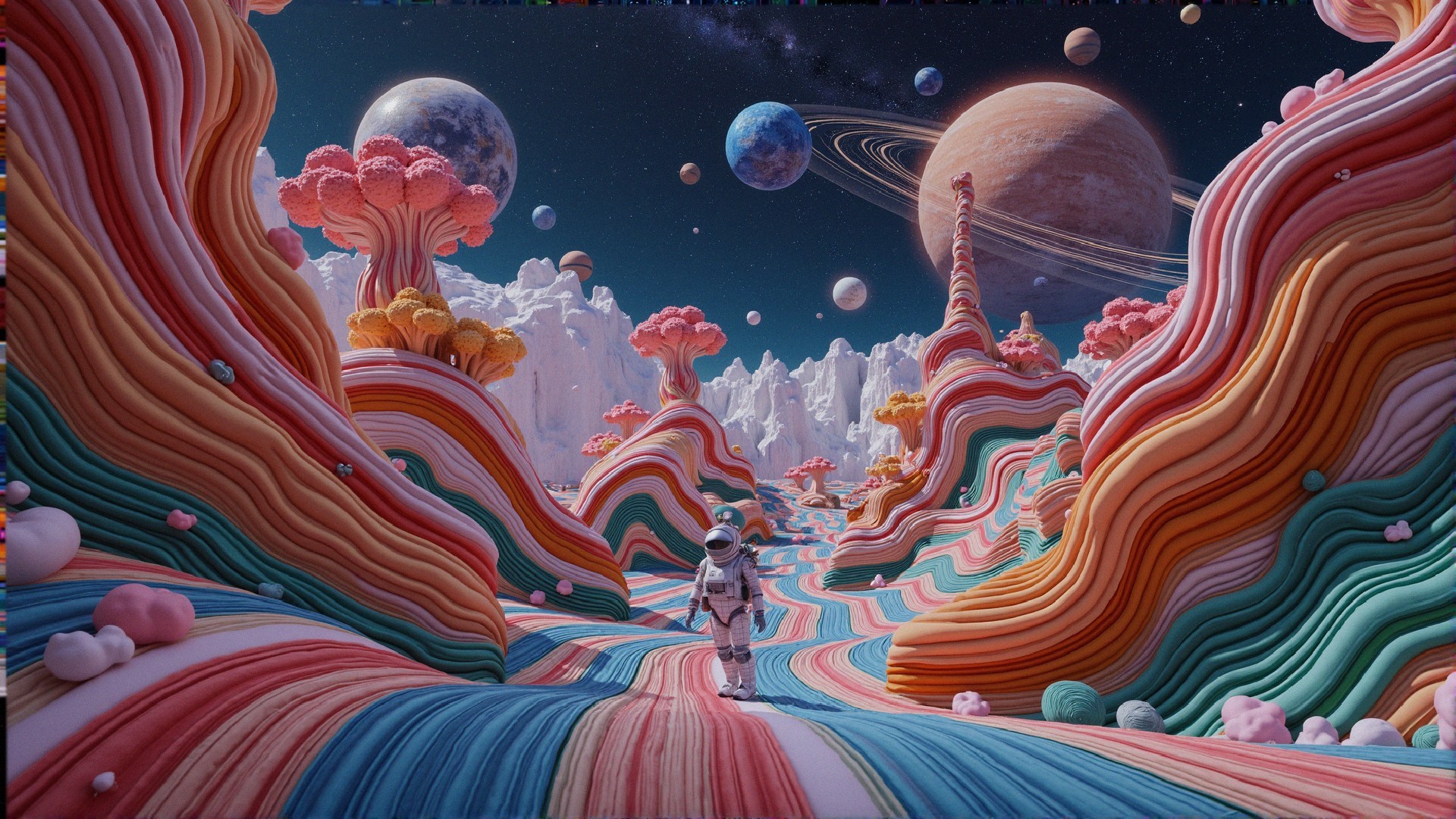 Surreal Landscape with Astronaut and Cosmic Elements