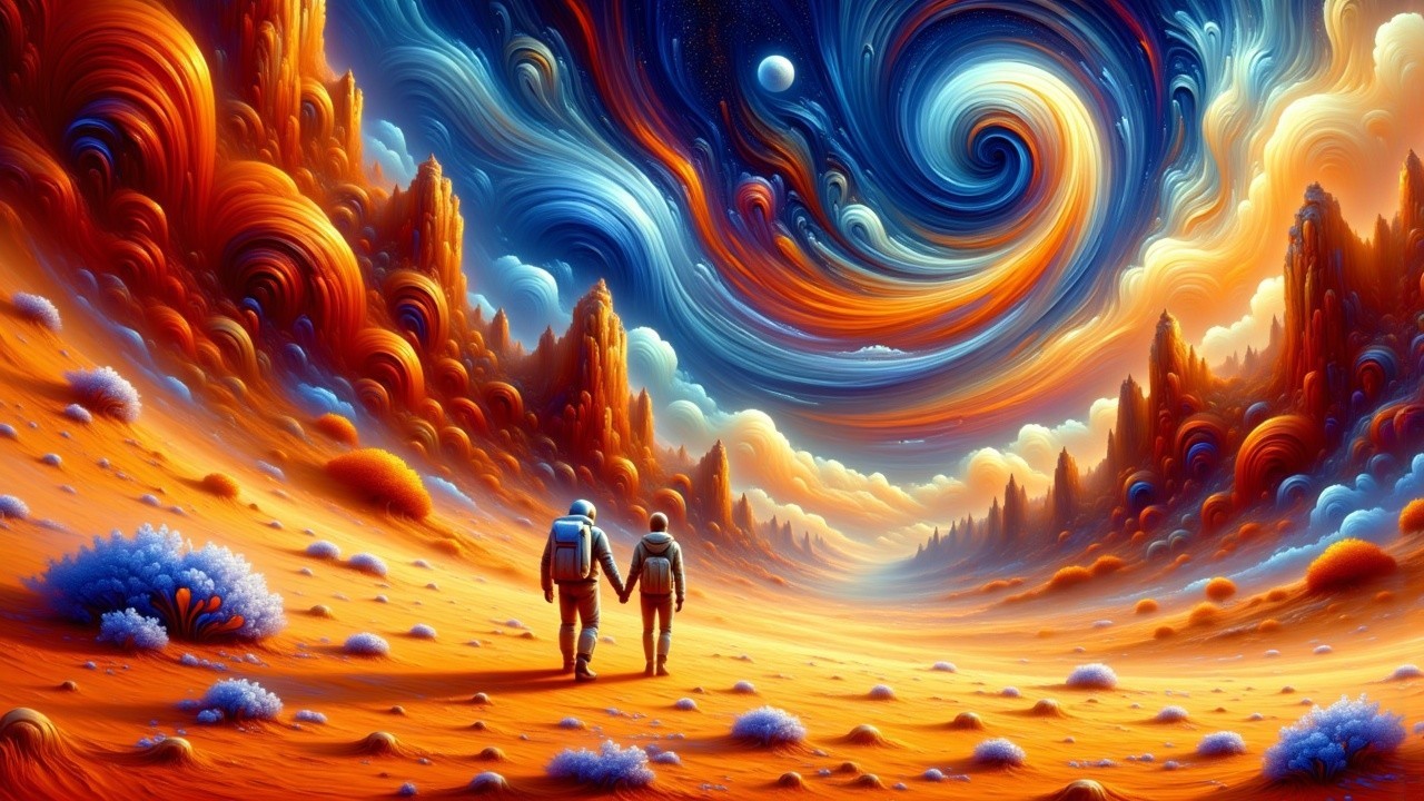 Surreal Landscape with Astronauts and Vibrant Galaxy