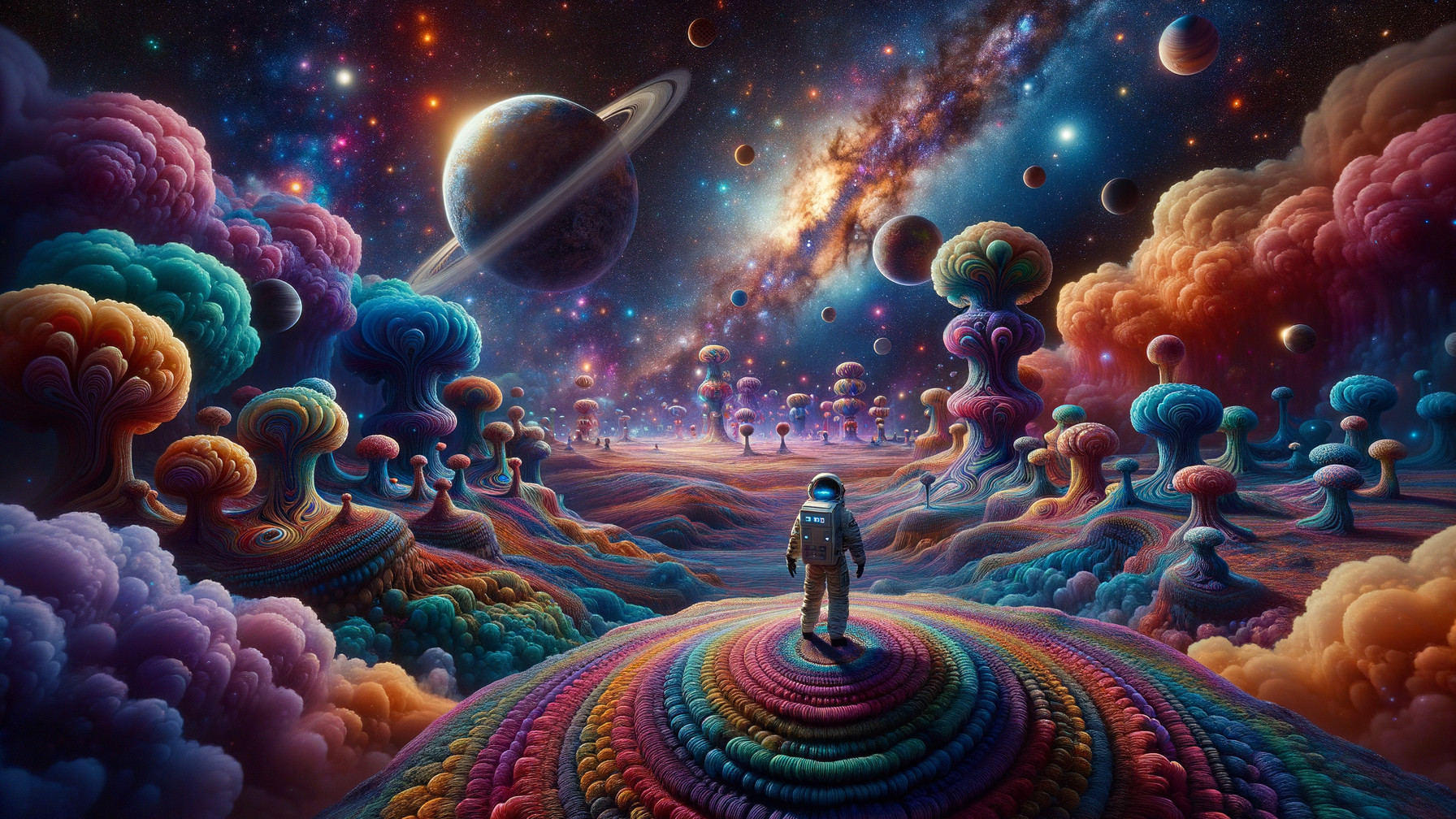 Astronaut in Surreal Landscape with Cosmic Elements