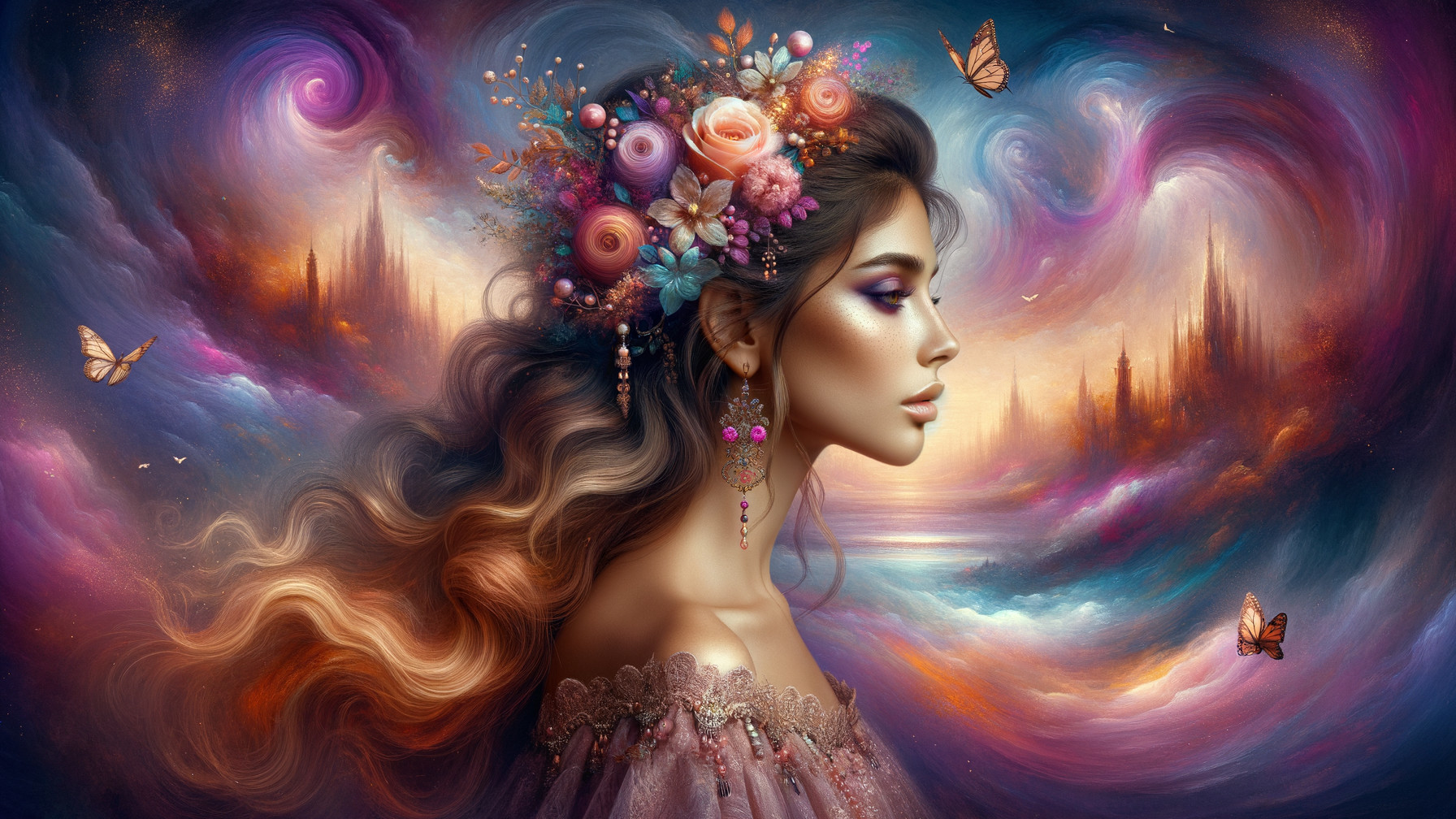 Profile of a serene woman with a floral crown