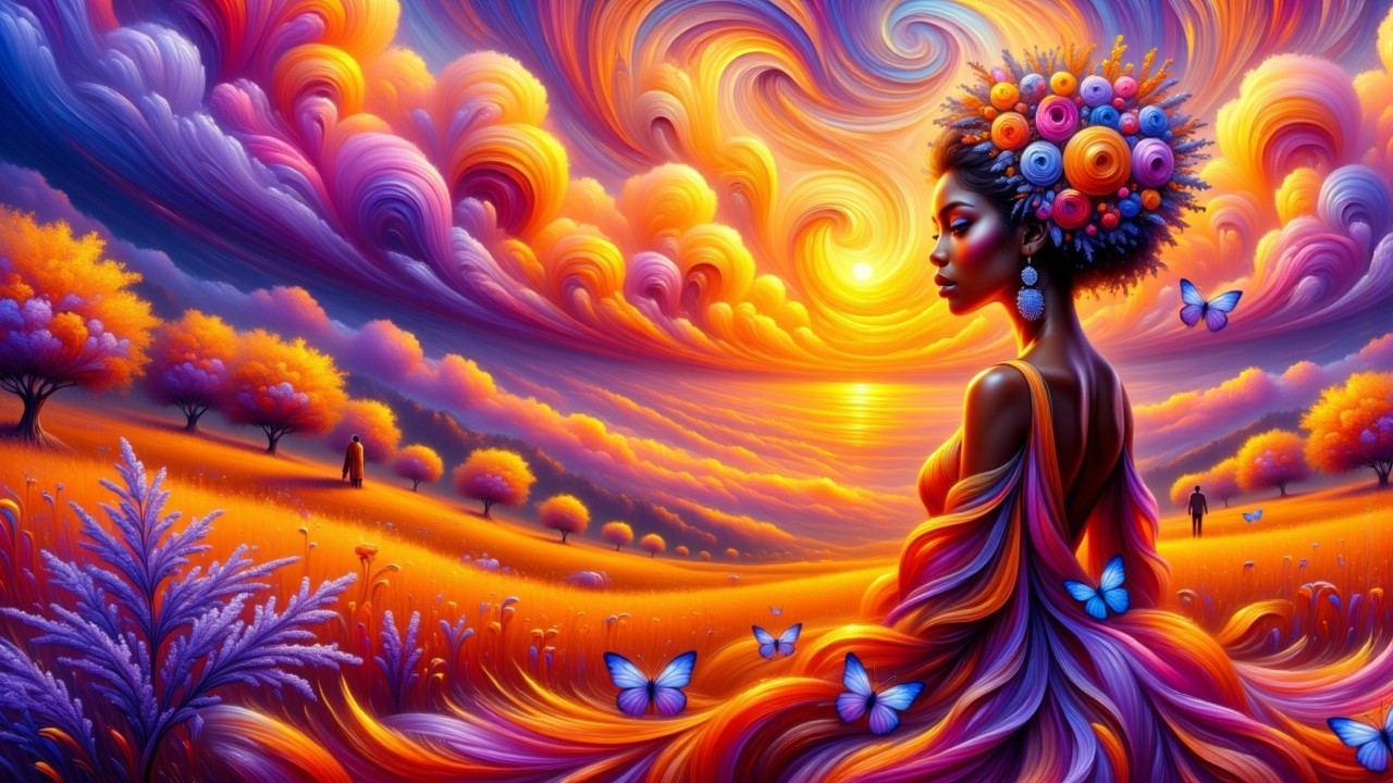 Vibrant Scene of Woman in Floral Crown at Sunset