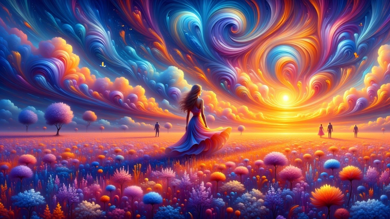 Surreal Sunset Landscape with Colorful Flowers and Figures