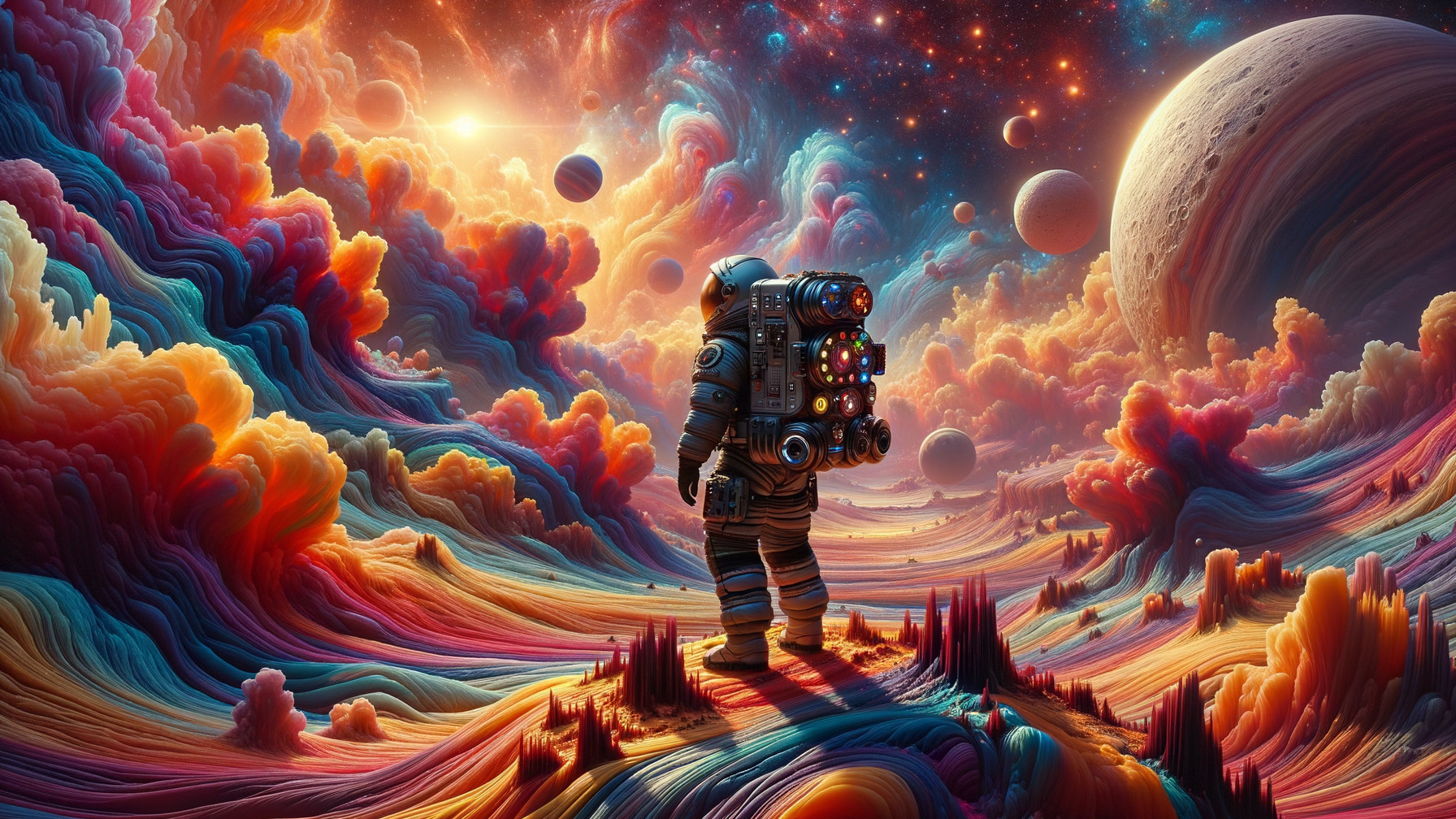 Astronaut in a Colorful Cosmic Landscape Scene