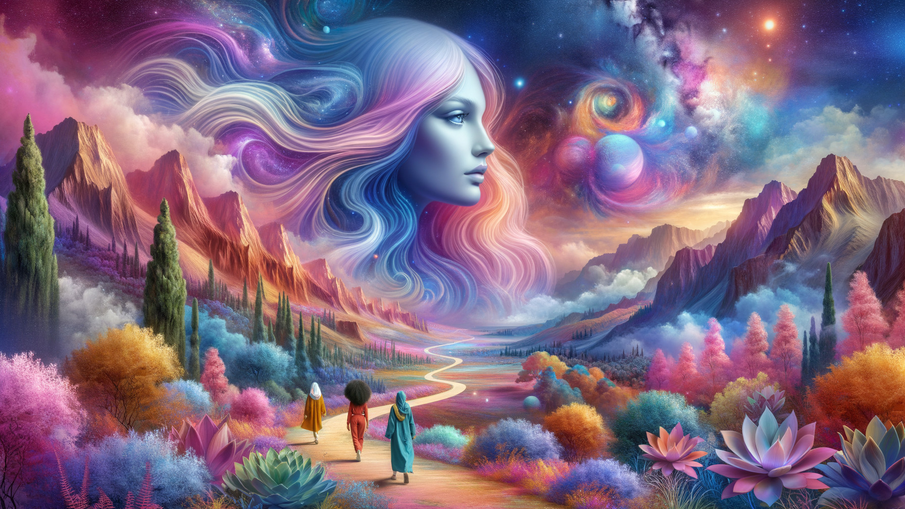 Dreamlike Landscape with Cosmic Elements and Travelers