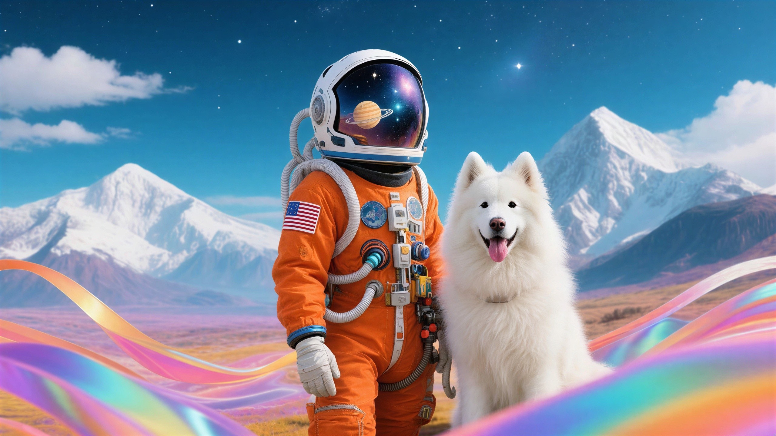 Astronaut in Orange Suit with Dog on Autumn Ground